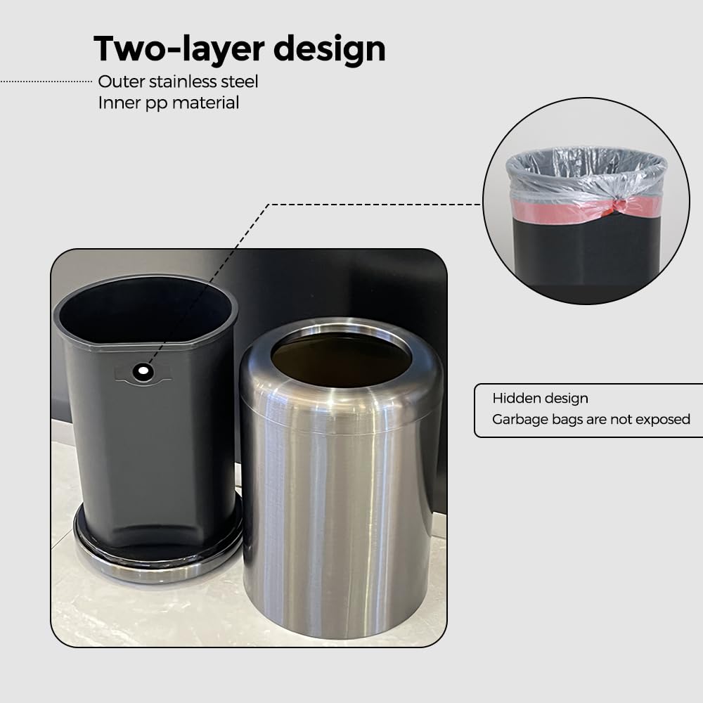 10L/2.6Gal Brushed Stainless Steel Trash Can with Open Top - Elegant Black Gold Waste Bin for Bathroom, Kitchen, Office, Living Room & Bedroom | Durable Garbage Can for Home, Hotel & Commercial Use