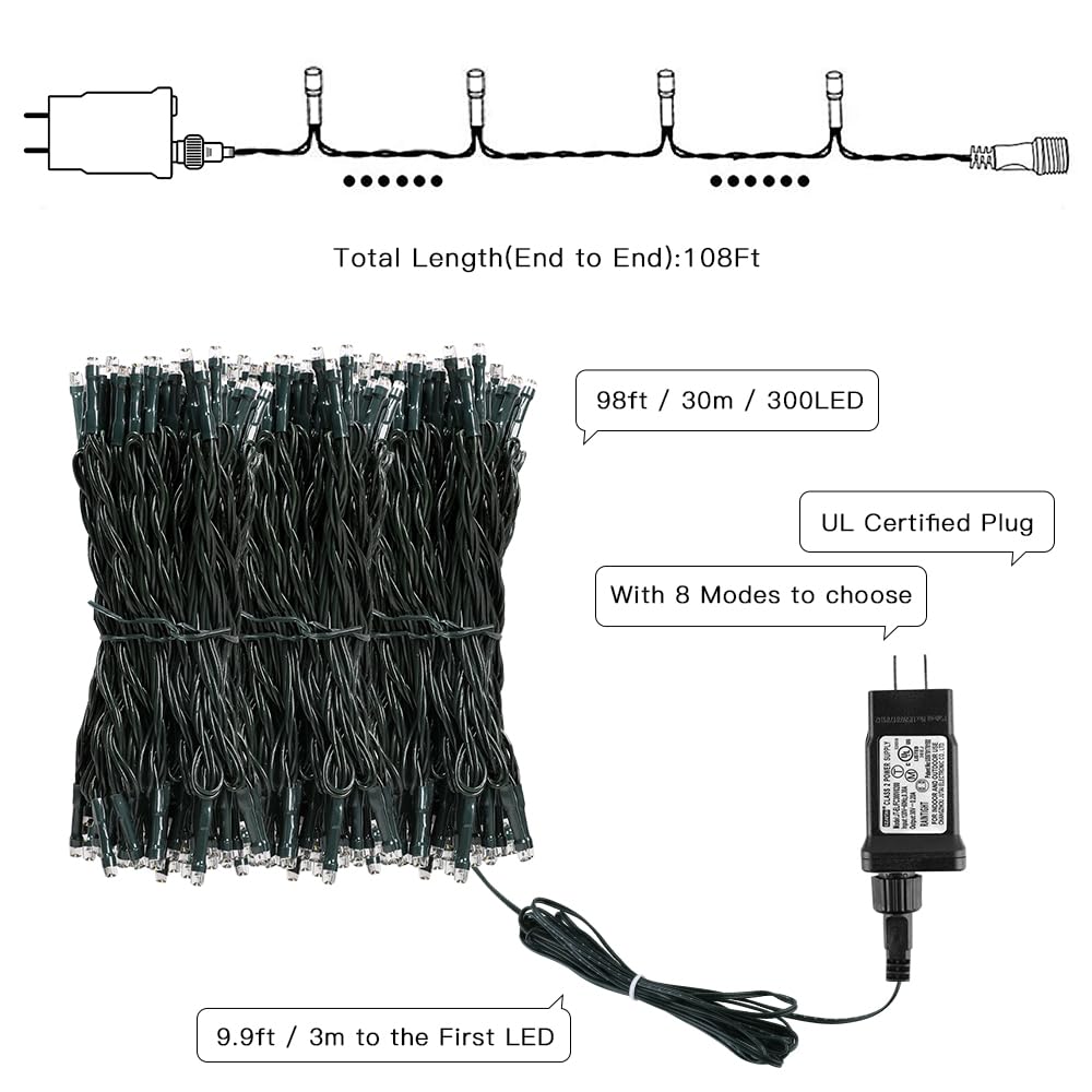 AmyHomie 108Ft 300LED Warm White Christmas String Lights - 8 Modes Waterproof Fairy Lights for Indoor/Outdoor Decor - Perfect for Christmas Trees, Home, Patio, Garden, Party & Wedding Decorations