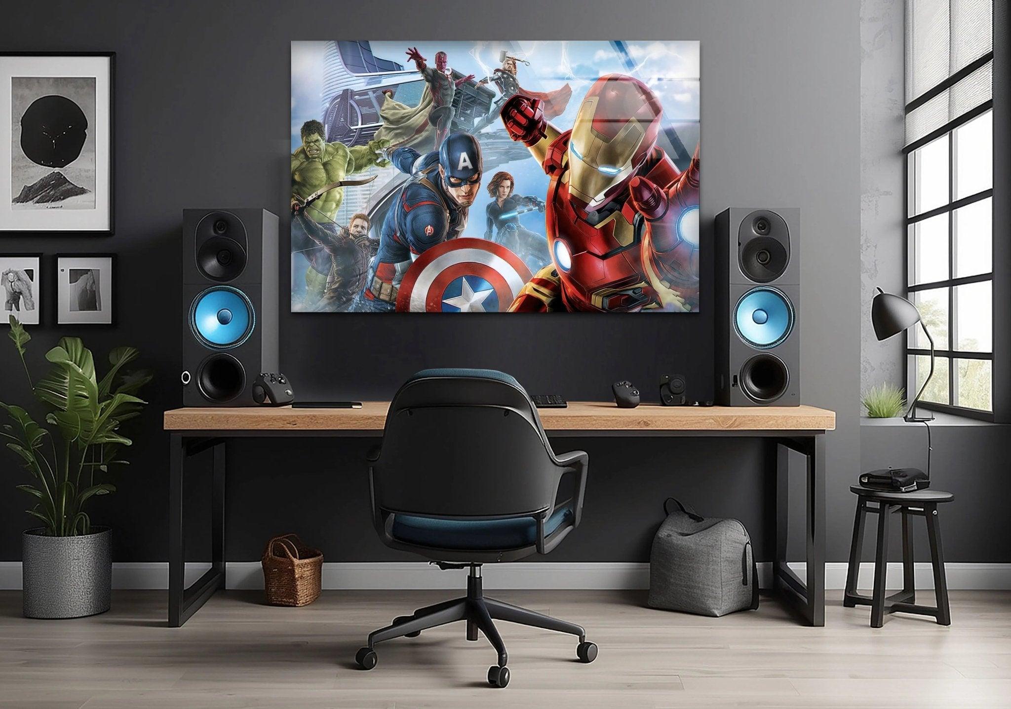 Marvel Avengers Superhero Glass Wall Art - Iron Man, Captain America, Hulk & Thor - Perfect for Home, Office & Game Room Decor