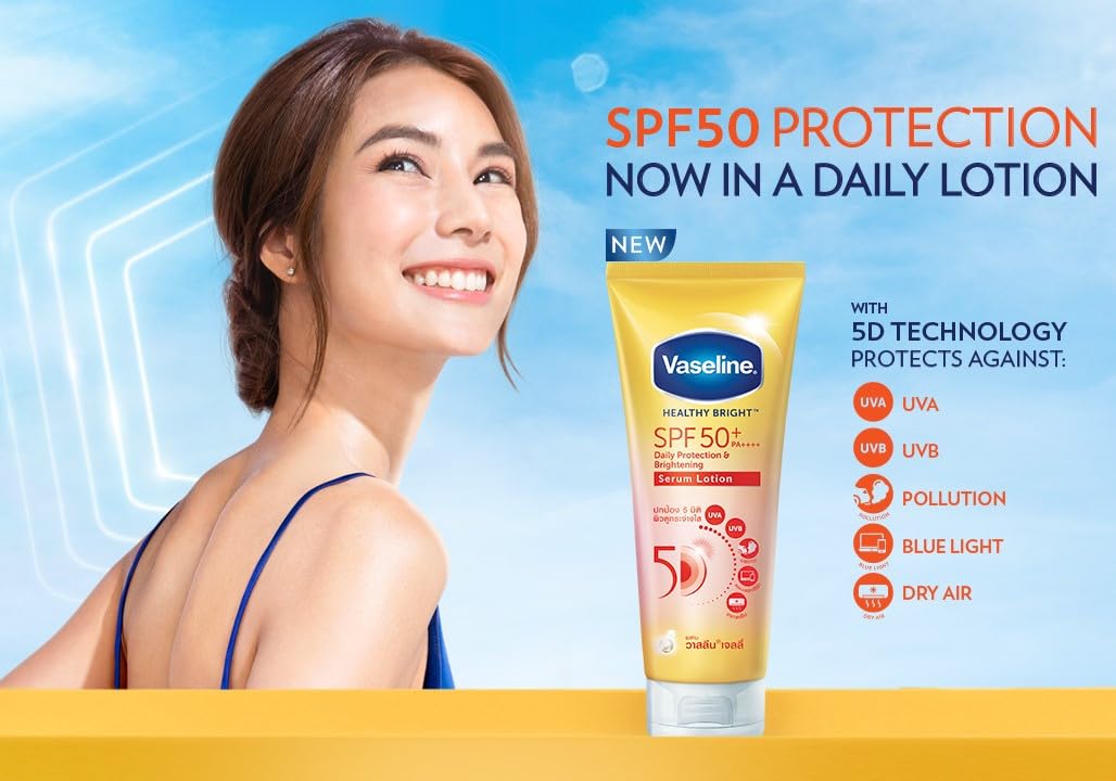 Vaseline Healthy Bright SPF50+ PA++++ Daily UV Protection & Brightening Serum - 300ml (10.14 Fl Oz) - Pack of 1 - Face Moisturizer with Sunscreen for Daytime Skincare Routine, Anti-Aging & Dark Spot Correction