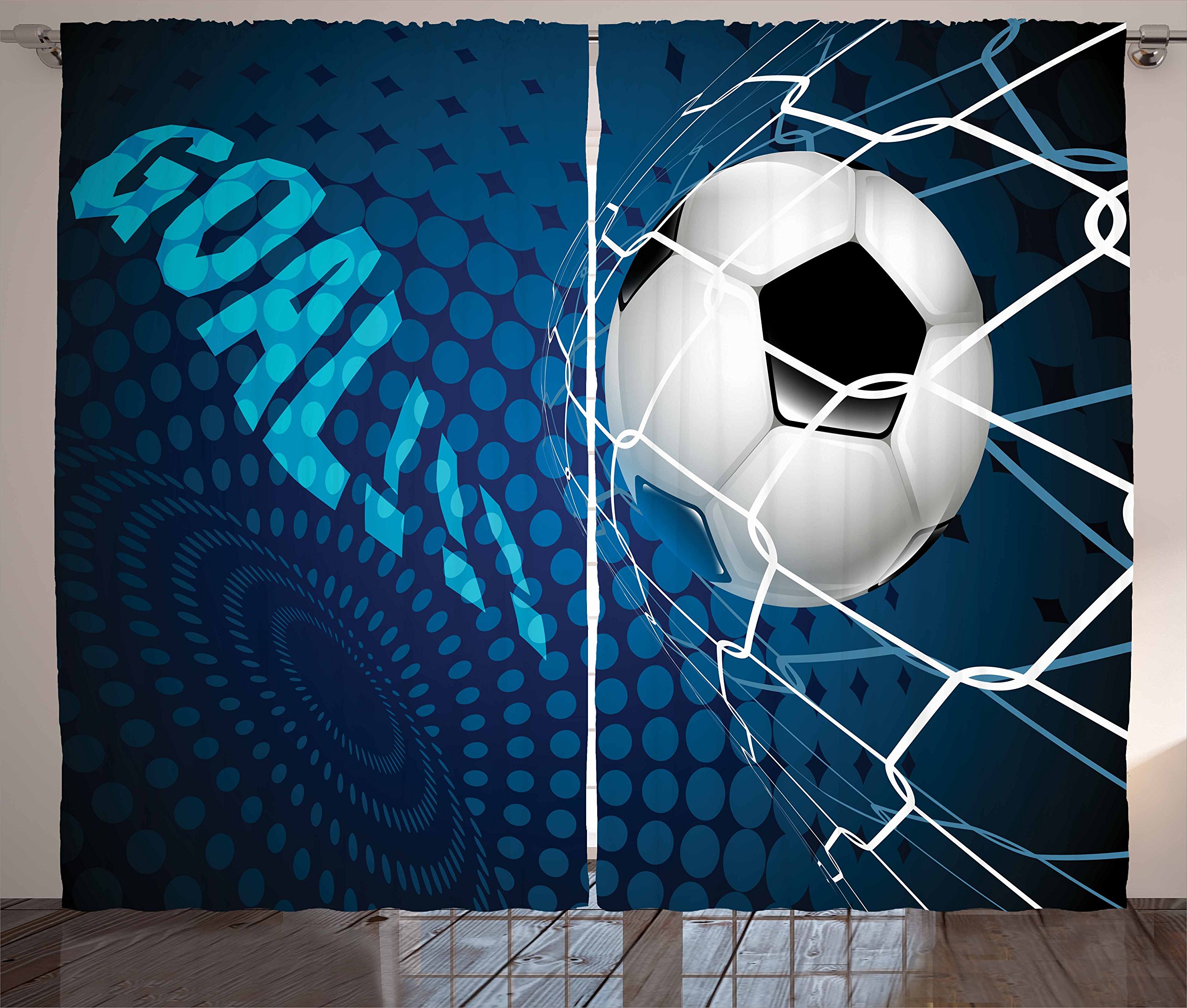 Ambesonne Soccer Curtains - Football Goal Flying into Net Abstract Dots Pattern, Blue & White Sport Theme Window Drapes (2 Panels, 108x90 Inches) - Perfect for Living Room, Bedroom, Game Room & Sports-Themed Decor