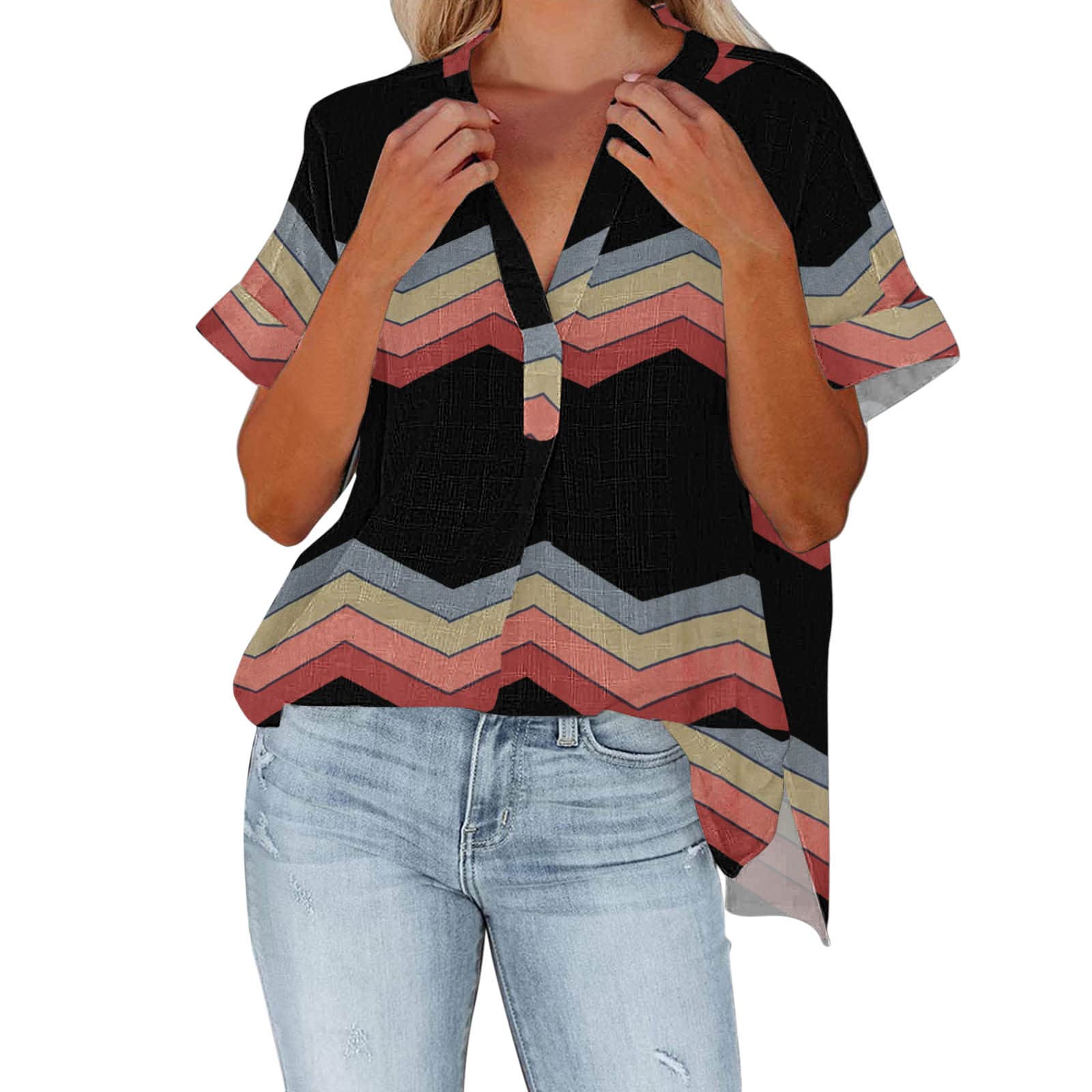 Floral Printed V-Neck Short Sleeve Tunic Top for Women - Summer Casual Blouse with Side Split Design | Perfect for Beach Outings, Vacation Wear & Everyday Comfort