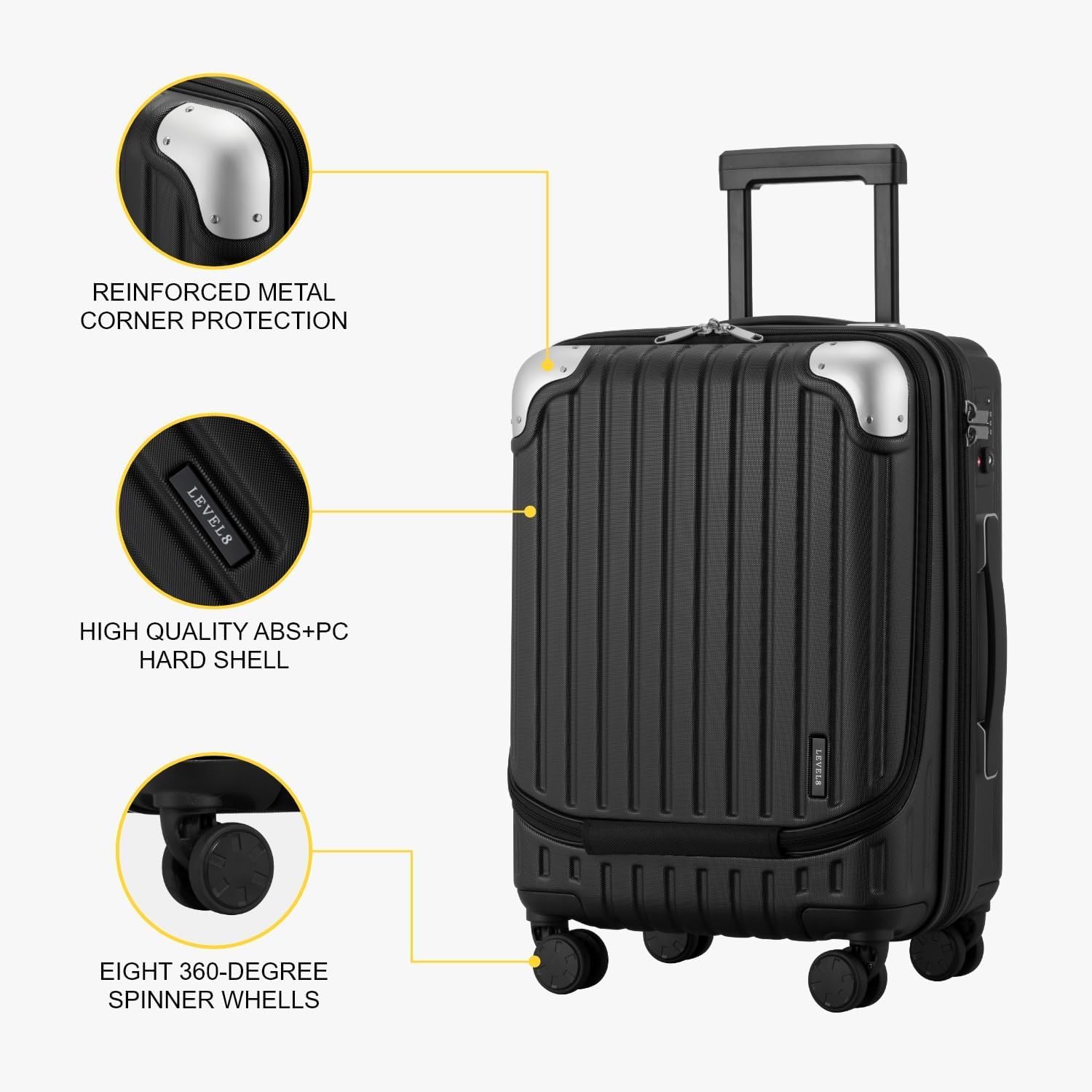 LEVEL8 Grace 20-Inch Expandable Hardside Carry On Luggage - Airline Approved ABS+PC Suitcase with 360° Wheels & TSA Lock (Black) - Perfect for Business Travel, Weekend Getaways & Airplane Cabin Storage