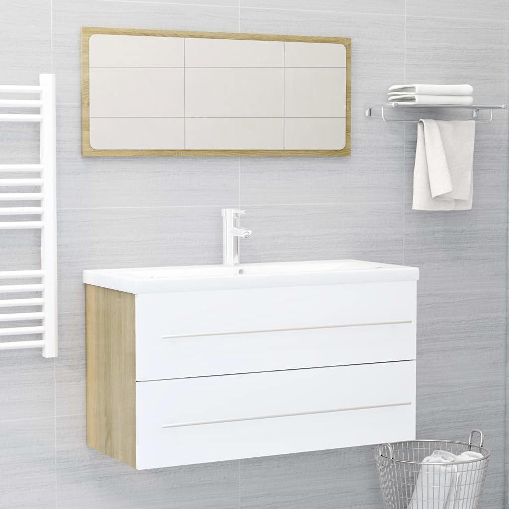 Modern Bathroom Vanity Set with Sink, Mirror & Storage Cabinet - 2-Piece White & Sonoma Oak Bathroom Furniture Combo for Home Decor | Perfect for Small Bathrooms, Powder Rooms & Master Bath Renovations