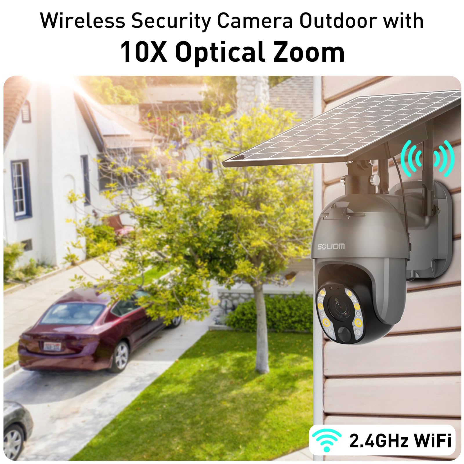 SOLIOM 5MP Wireless Outdoor Security Camera with 10X Optical Zoom, Solar & Battery Powered, Human Detection, Auto Tracking, Spotlight Color Night Vision - Ideal for Home Security, Backyard Monitoring, and Business Surveillance (2.4G Wi-Fi)
