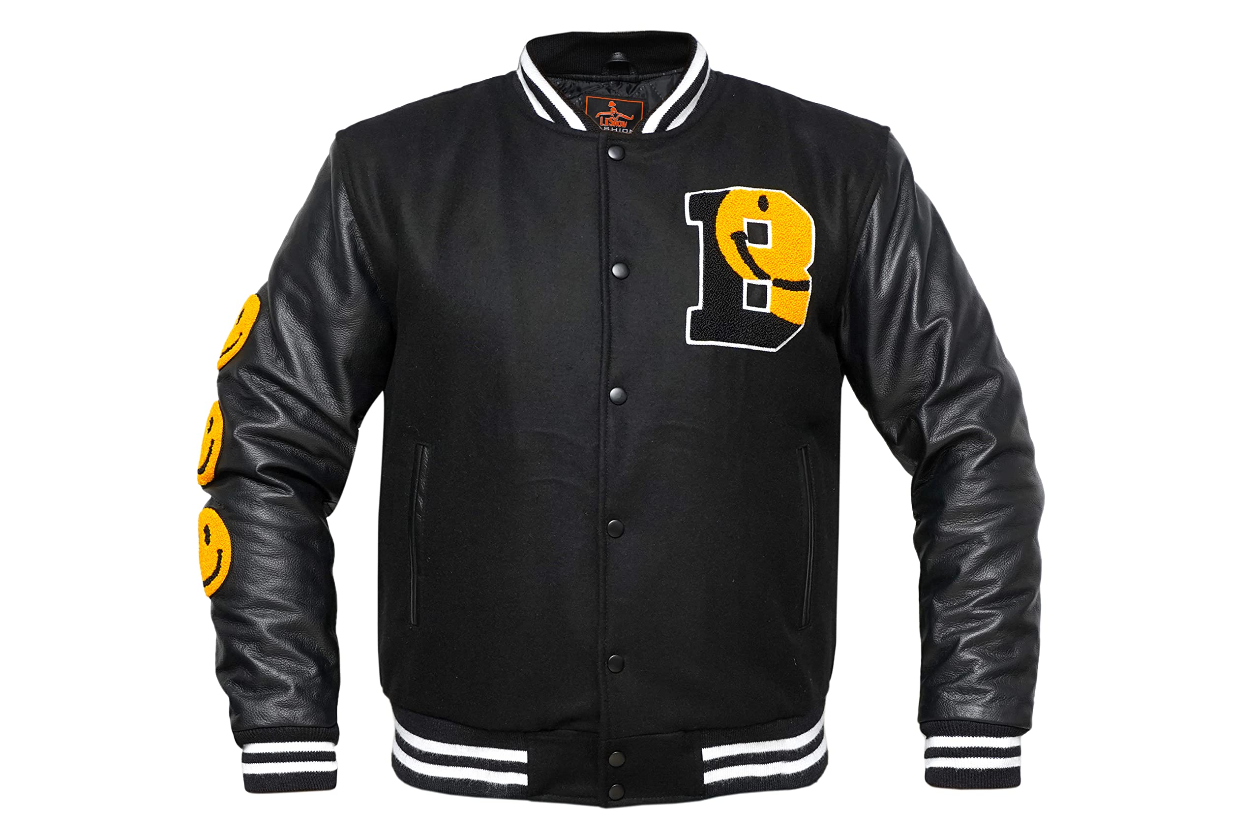 Smiley Varsity Jacket - Premium Black Wool & Genuine Leather Sleeves Baseball Letterman Bomber for Men & Women | Perfect for School, College, Sports Events & Casual Streetwear