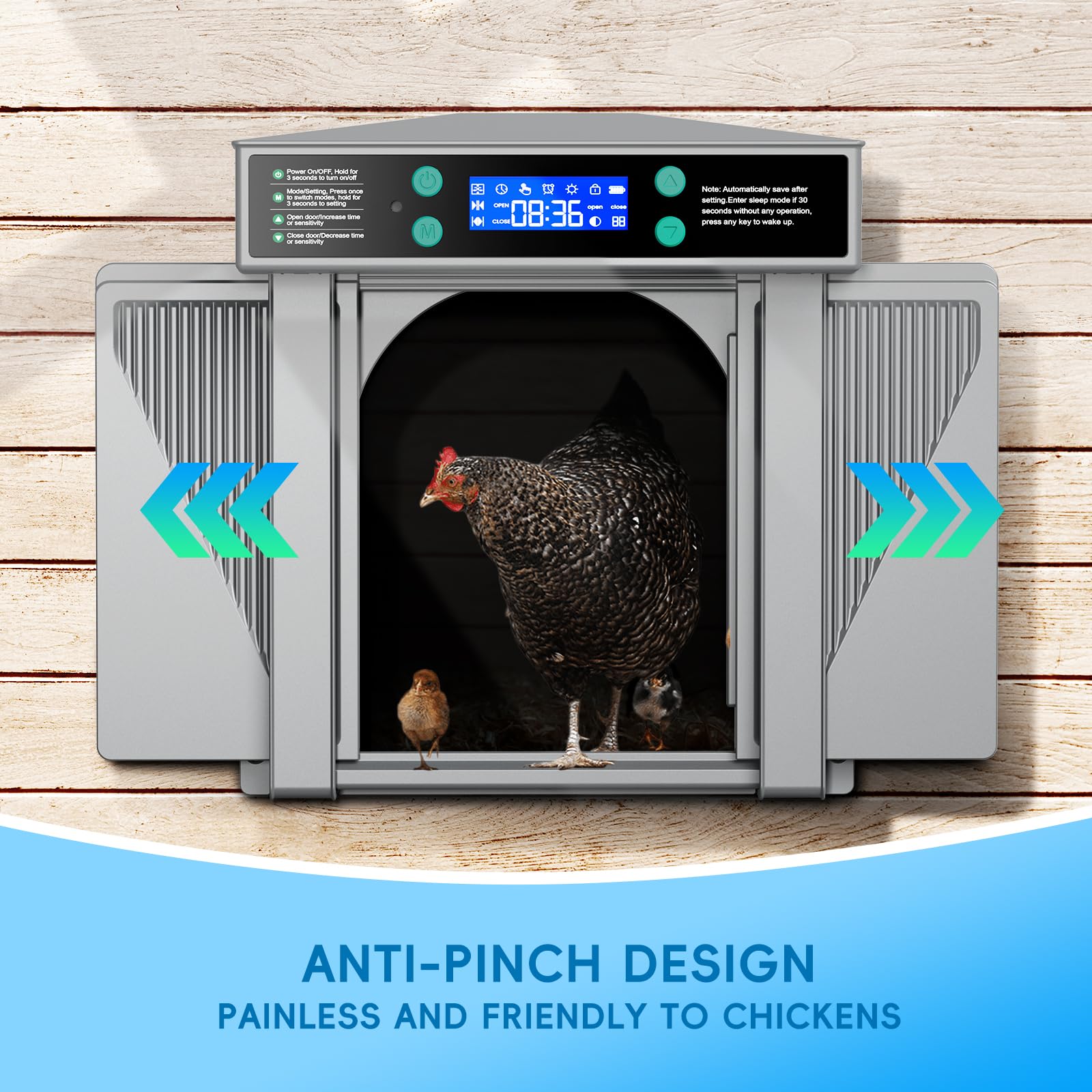 Automatic Chicken Coop Door with 3 Modes - Manual, Timer & Light Sensor | Anti-Pinch Safety Design | Battery/DC Powered (Grey) | Perfect for Poultry Farming, Backyard Chicken Coops & Small Livestock Shelters