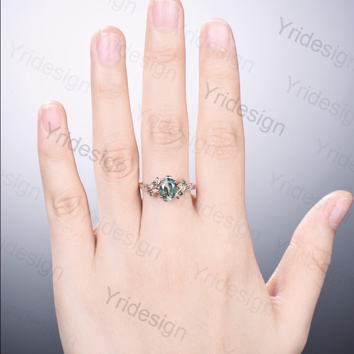 1.5Ct Oval Natural Moss Agate Engagement Ring - Nature Inspired Green Agate Promise Ring - Cluster Emerald Anniversary Ring in Silver & Rose Gold - Perfect for Proposals, Weddings & Special Occasions