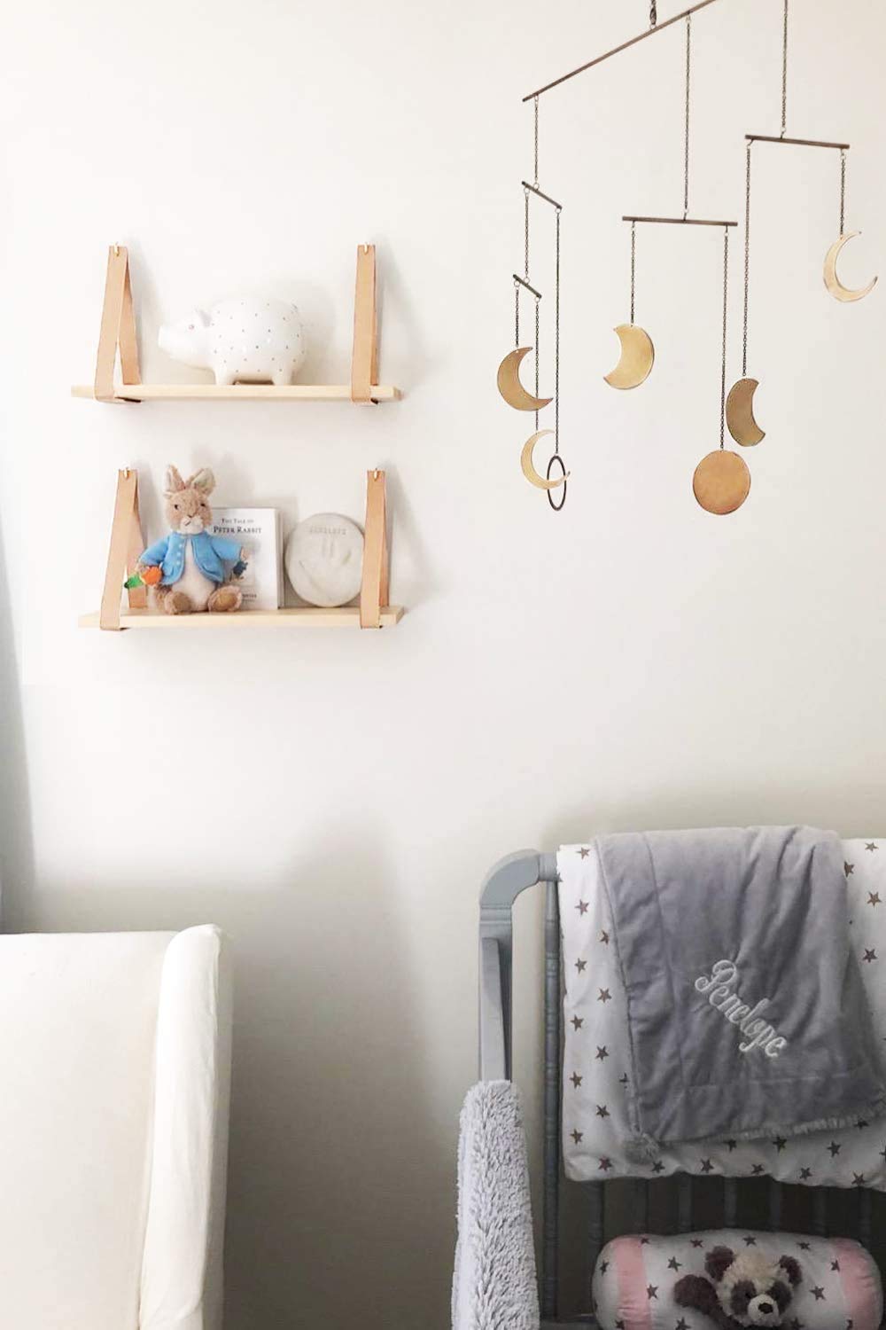 **Mkono Floating Wall Shelf Set of 2 - Wooden Hanging Storage Shelves with Leather Straps for Nursery, Bedroom, Living Room & Bathroom - Perfect for Organizing Books, Decor & Essentials**