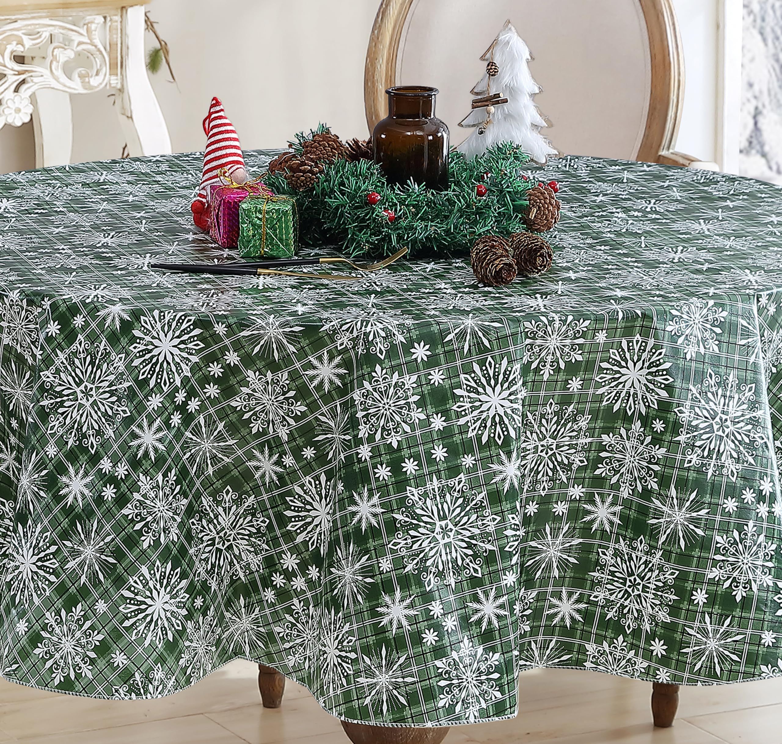 Newbridge Snowflake Plaid Christmas Tablecloth - 60x84 Inch Oval Green Vinyl Flannel Backed Holiday Table Cover with Snowfall Print | Easy Care Wipe Clean | Perfect for Christmas Dinner, Holiday Parties & Winter Decor