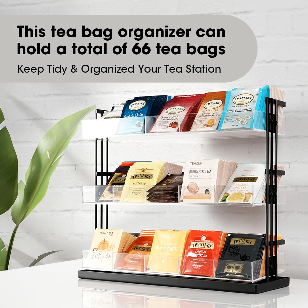 Premium 3-Tier Tea Bag Organizer - Stainless Steel & Acrylic Storage Holder with 15 Compartments for Tea Bags, Sugar Packets & Coffee Pods - Space-Saving Countertop Organizer for Kitchen, Office or Coffee Station (Black, MK956A) by J JACKCUBE DESIGN