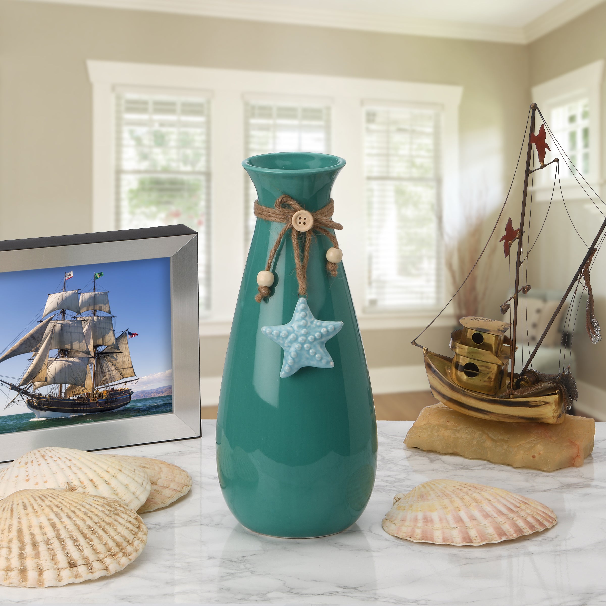 10 Inch Spring Aqua Green Porcelain Vase with Starfish Design - Perfect for Coastal Home Decor, Beach House Centerpiece, and Ocean-Themed Wedding Decorations