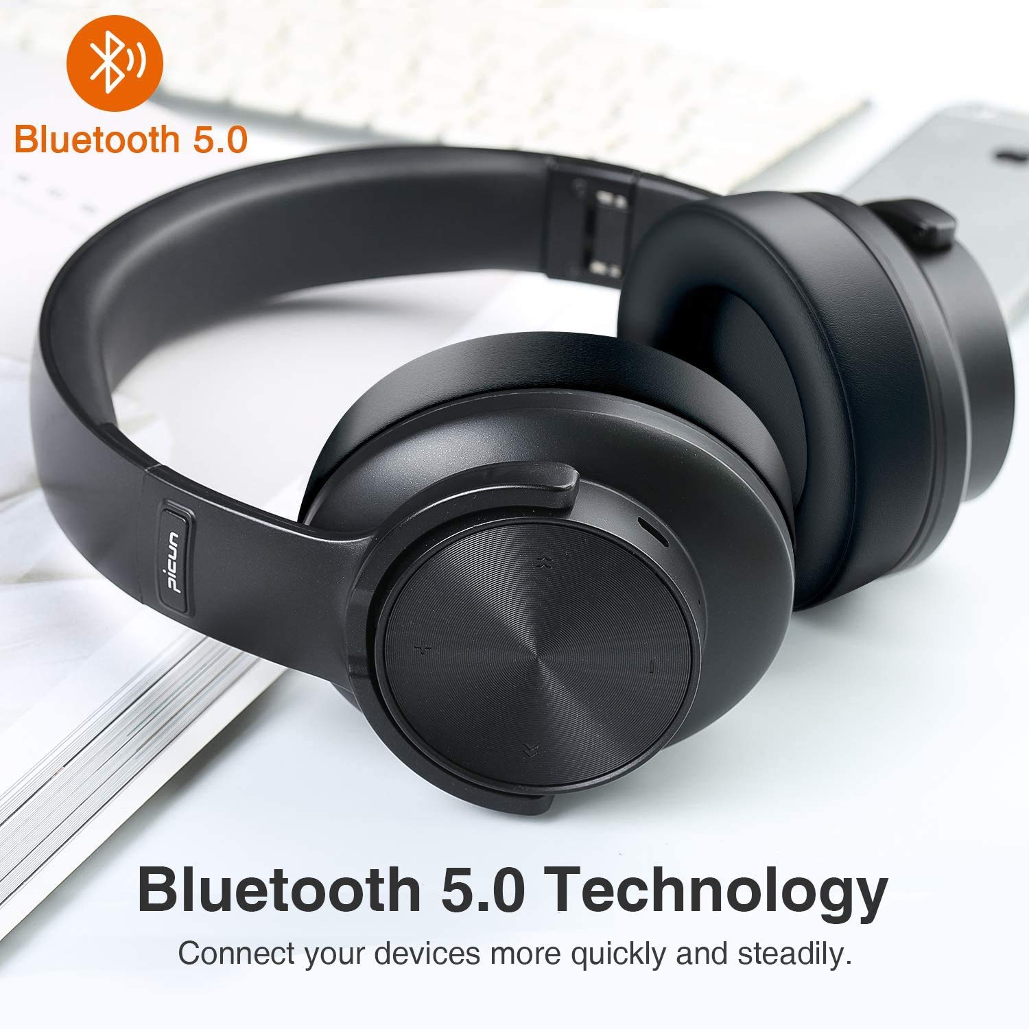 Foldable Bluetooth Headphones with Deep Bass, 3D Stereo & Noise Cancelling - Wireless Over-Ear Headset for Computer, Mobile Phone - Perfect for Travel, Work & Gaming (Black)