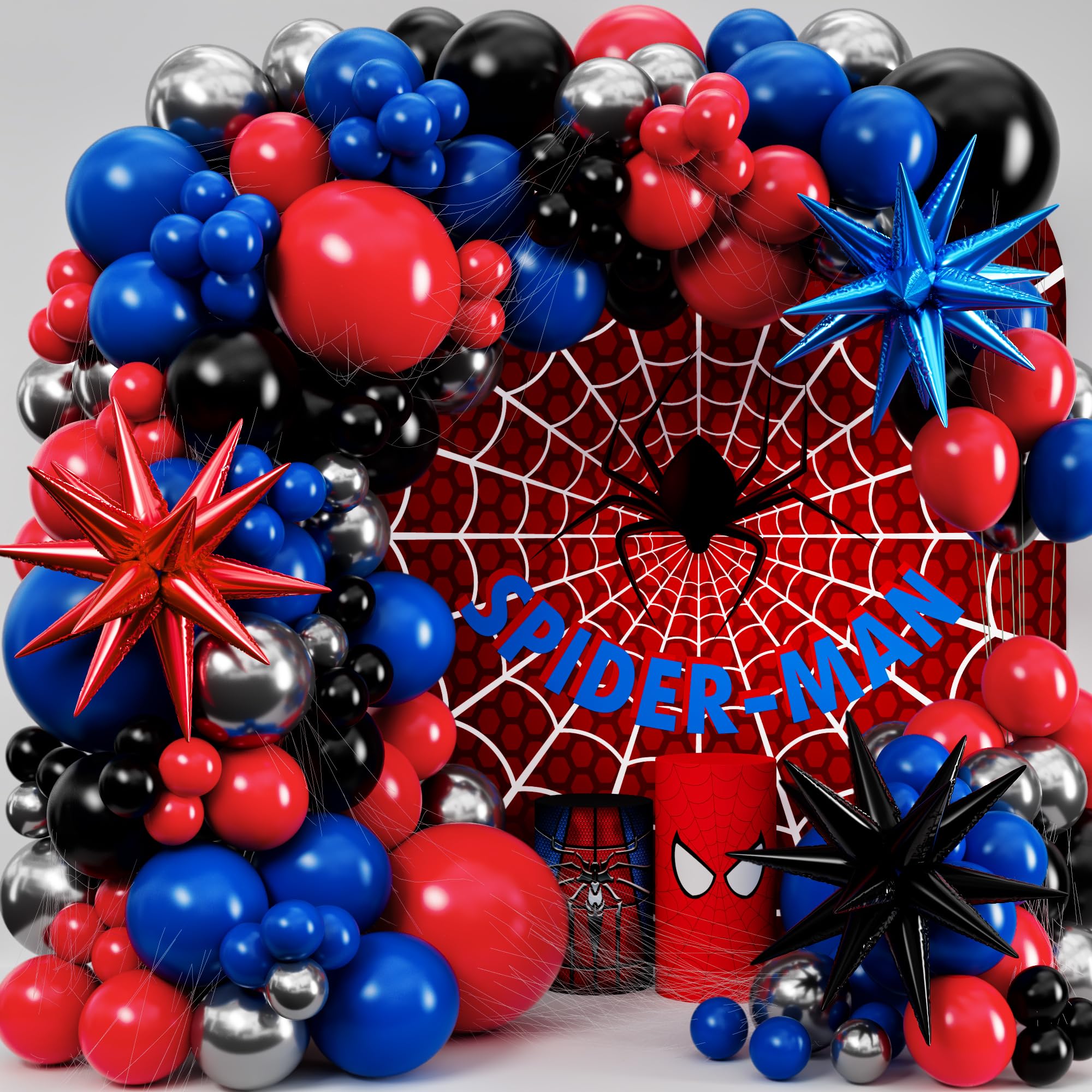 Spider Balloon Arch Kit with Starburst Balloons - Red & Blue Spider Party Decorations for Birthday, Halloween & Superhero Themed Events - Perfect for Miles Morales, Spiderman Themed Parties & Home Decor