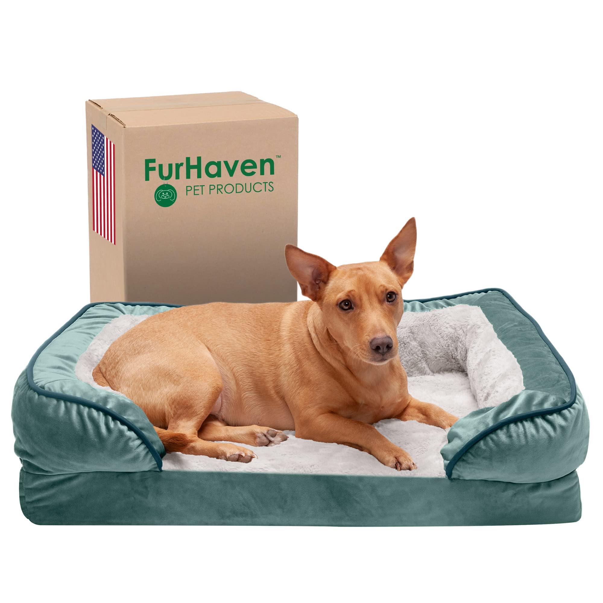 Furhaven Orthopedic Dog Bed for Small & Medium Dogs - Plush Velvet Sofa with Removable Bolsters & Washable Cover - Supports Up to 35 lbs - Celadon Green Medium Size - Perfect for Pets with Joint Pain or Post-Surgery Recovery