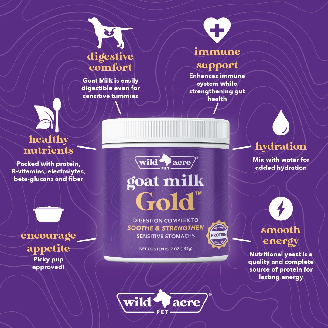 Organic Goat Milk Powder for Dogs & Cats - Hypoallergenic Protein Supplement with Probiotics & Prebiotics - Supports Sensitive Stomachs & Digestion - Ideal for Puppies, Adult Pets & Senior Animals - 7oz Powder (Goat Milk Gold) - Perfect for Mixing with Food or as a Nutritious Treat