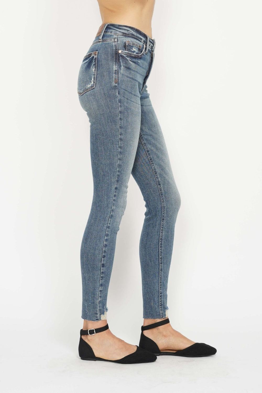Judy Blue High Waisted Tummy Control Skinny Jeans - Vintage Wash & Distressed Hem for Women | Perfect for Casual Outfits & Date Nights