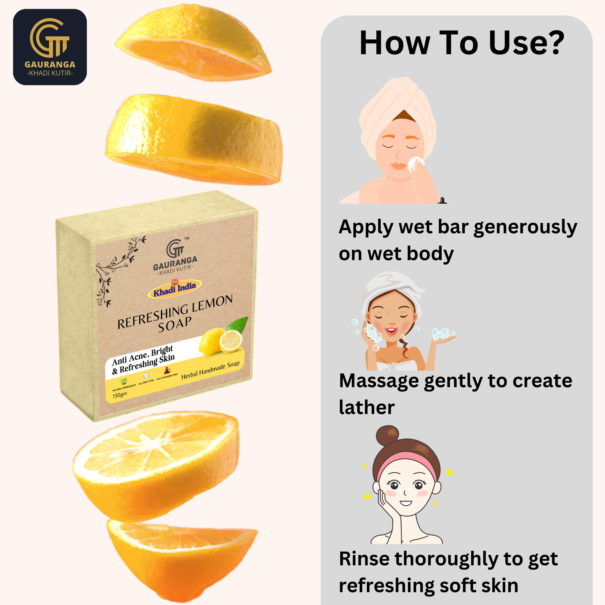 Khadi Lemon Handmade Premium Soap 150g - All Natural, Fresh Citrus Scent for All Skin Types | Moisturizing Bath & Shower Soap for Daily Skincare Routine