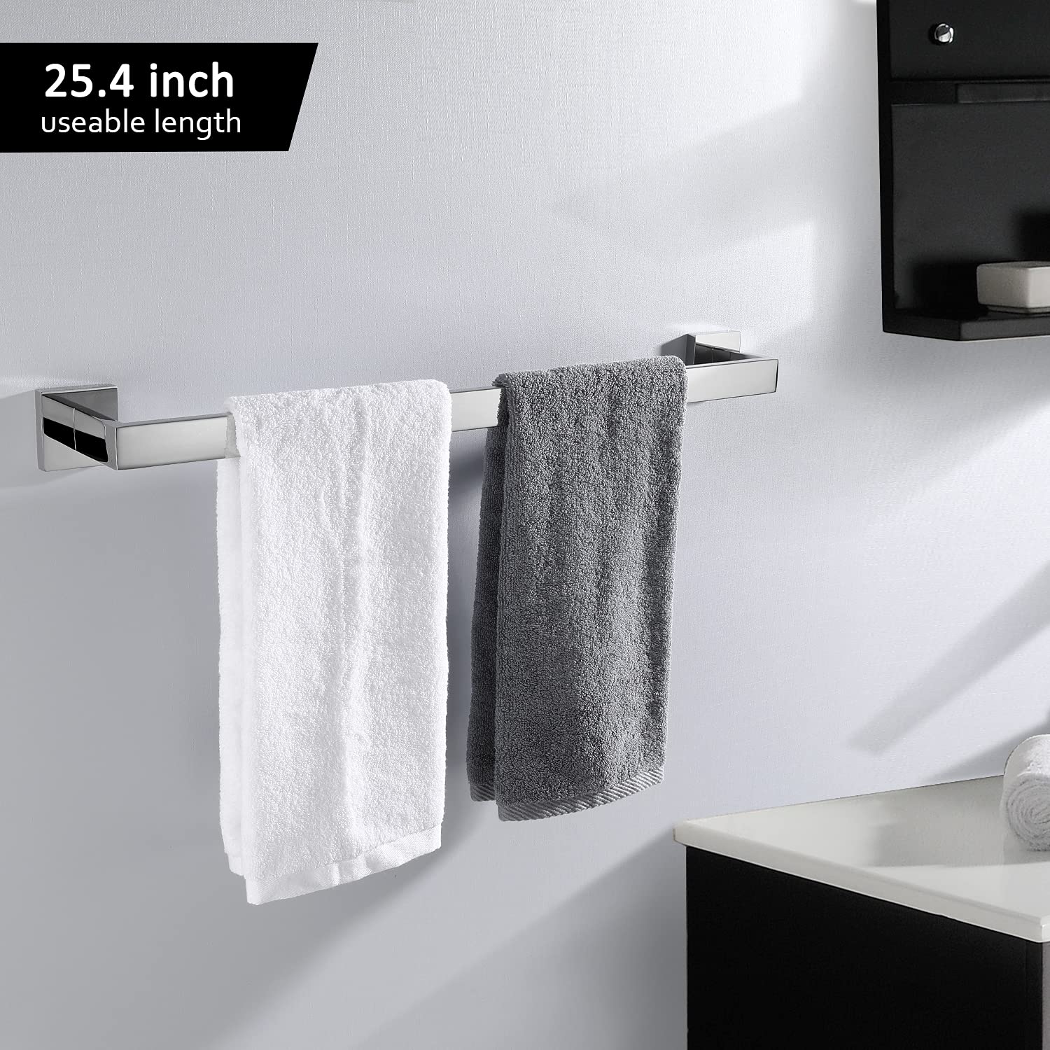 5-Piece Stainless Steel Bathroom Hardware Set - 304 Thickened Square Towel Rack, Chrome Polished Hand Towel Holder & 2 Robe Hooks for Modern Bathroom Decor - Perfect for Home, Hotel & Spa Use