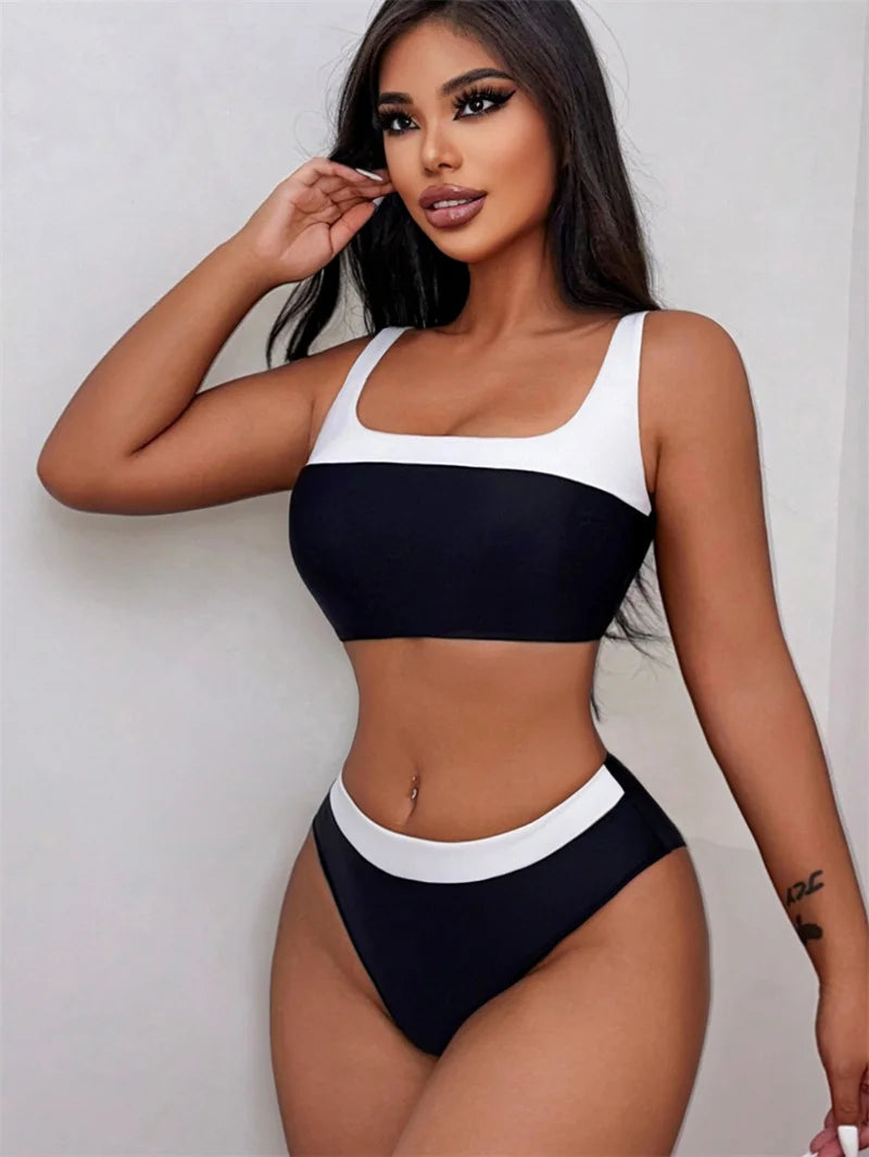 Sexy Black Patchwork Bandeau Bikini Set - Mid Waist Brazilian Swimwear for Women 2024 | Beach Vacation, Pool Party & Summer Swimwear