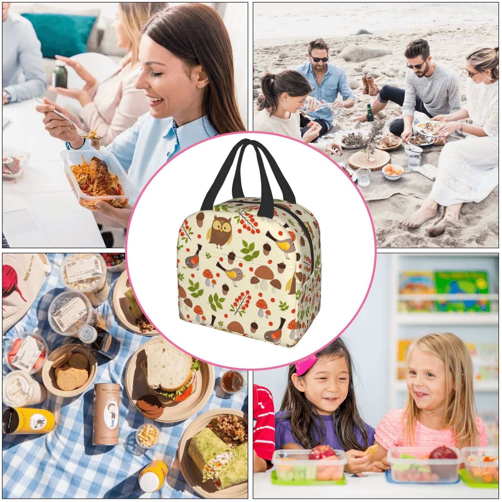 Owl and Mushroom Insulated Lunch Box - Reusable Thermal Lunch Bag for Women & Men - Perfect for Office, School, Camping, Hiking, Picnic, Beach & Travel - Keep Food Fresh Anywhere