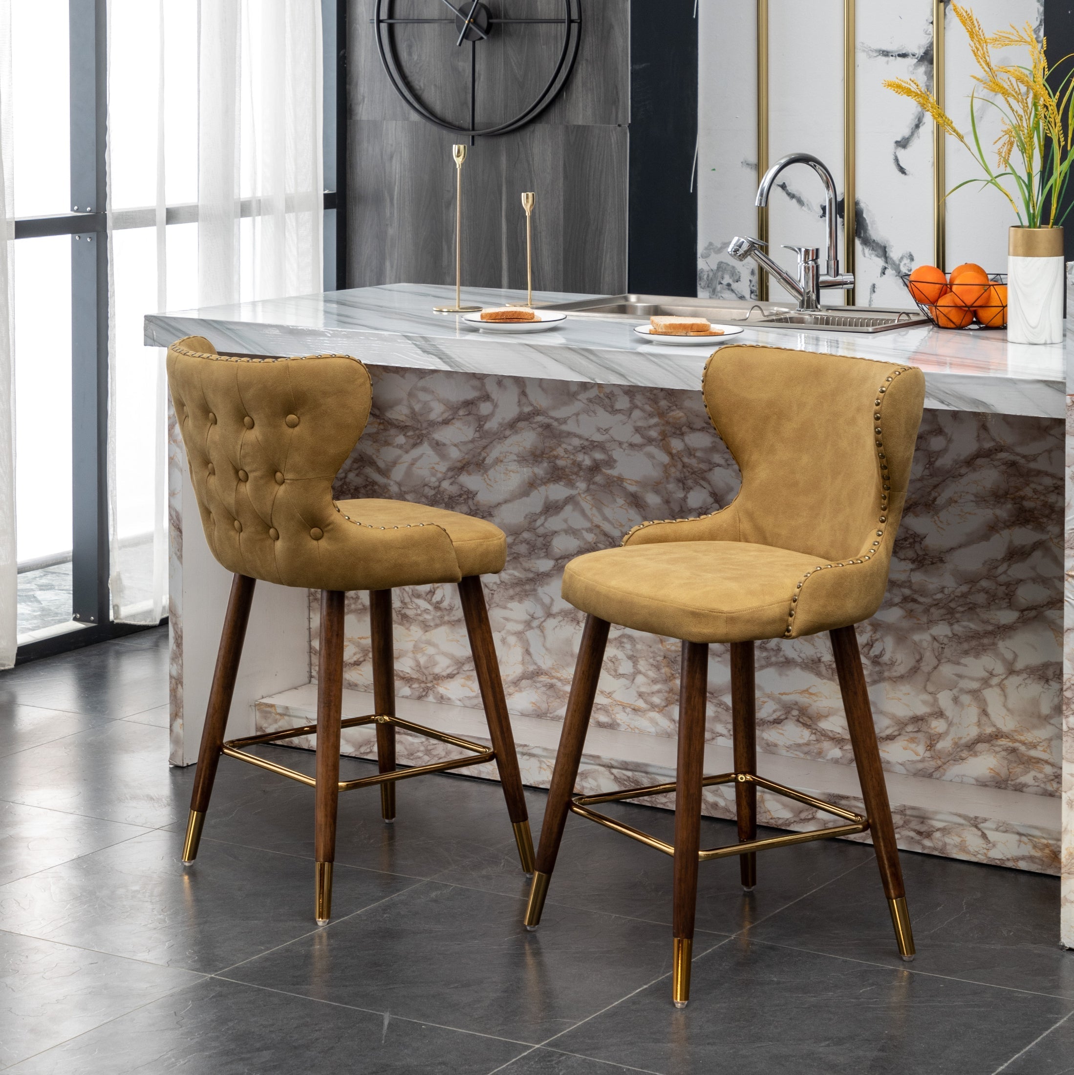 Roundhill Furniture Nevis Mid-Century Modern Faux Leather Tufted Counter Stools with Nailhead Trim - Set of 2, Yellow - Perfect for Kitchen Islands, Breakfast Bars & Home Decor