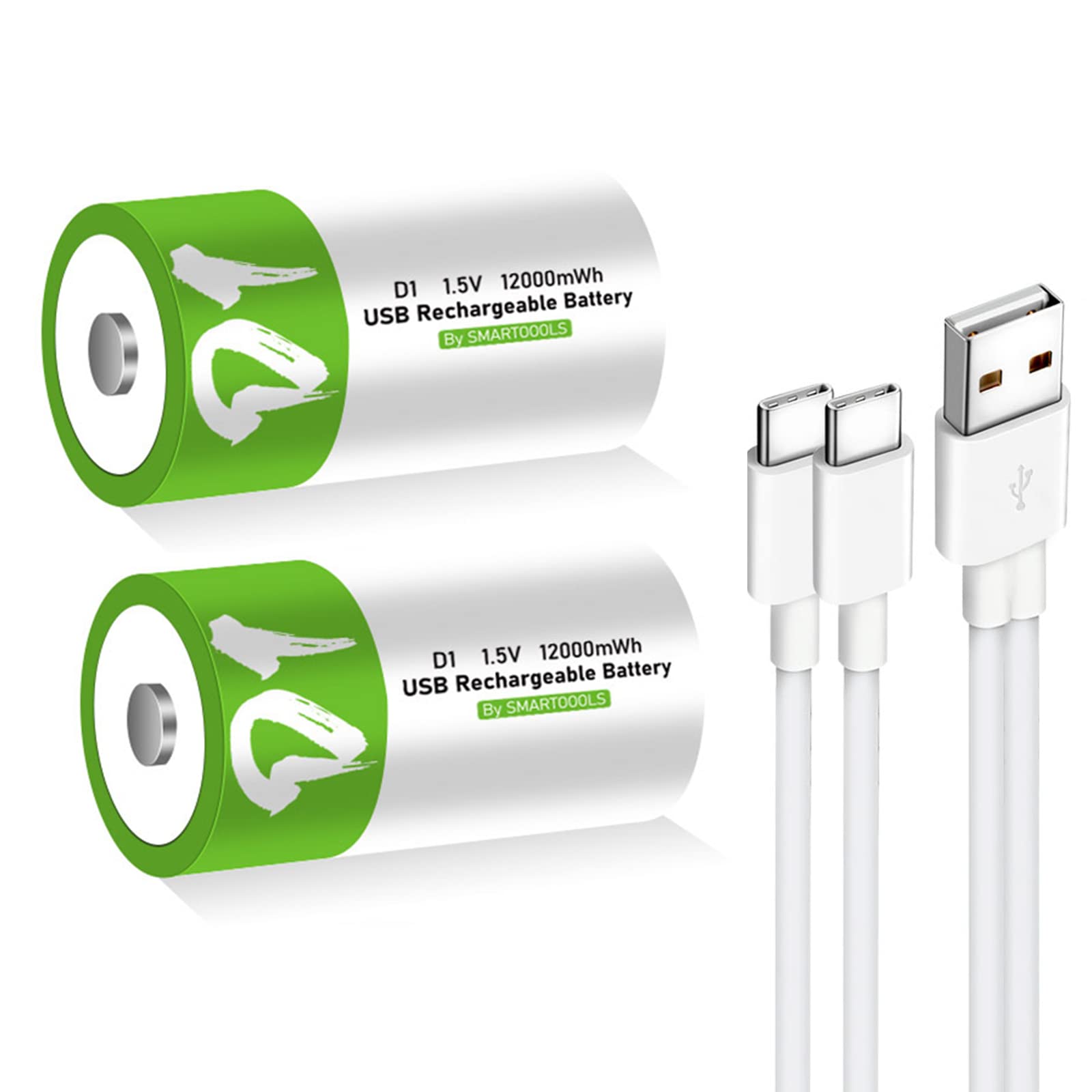 2 Pack Rechargeable D Batteries 12000mWh - 1.5V Lithium Ion D Cell Batteries with USB Type C Charger - Long Lasting Power for Flashlights, Toys, Trash Cans & Emergency Devices