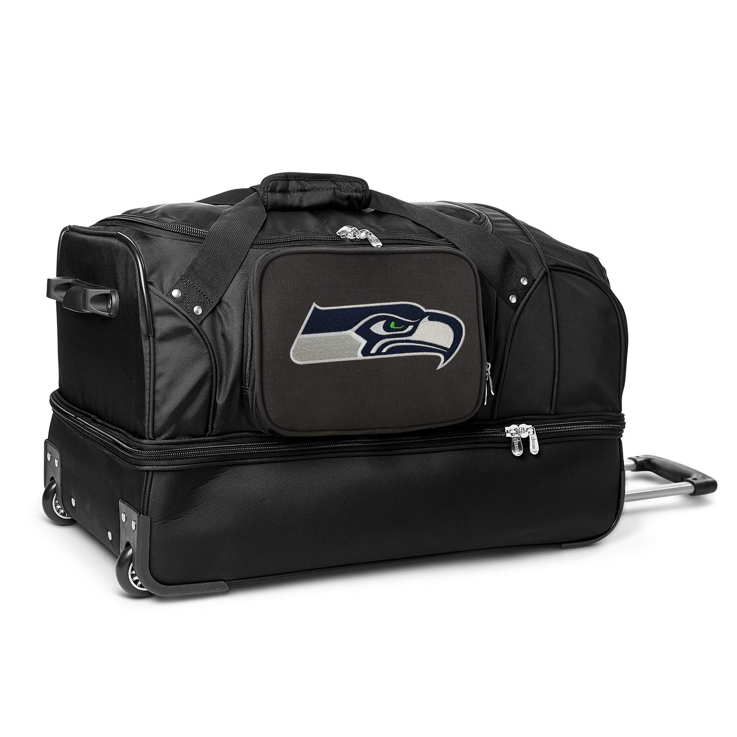 Seattle Seahawks NFL 27-Inch Rolling Duffel Bag with Drop Bottom - Black | Durable Travel Luggage for Sports Teams, Gym, Camping & Weekend Getaways