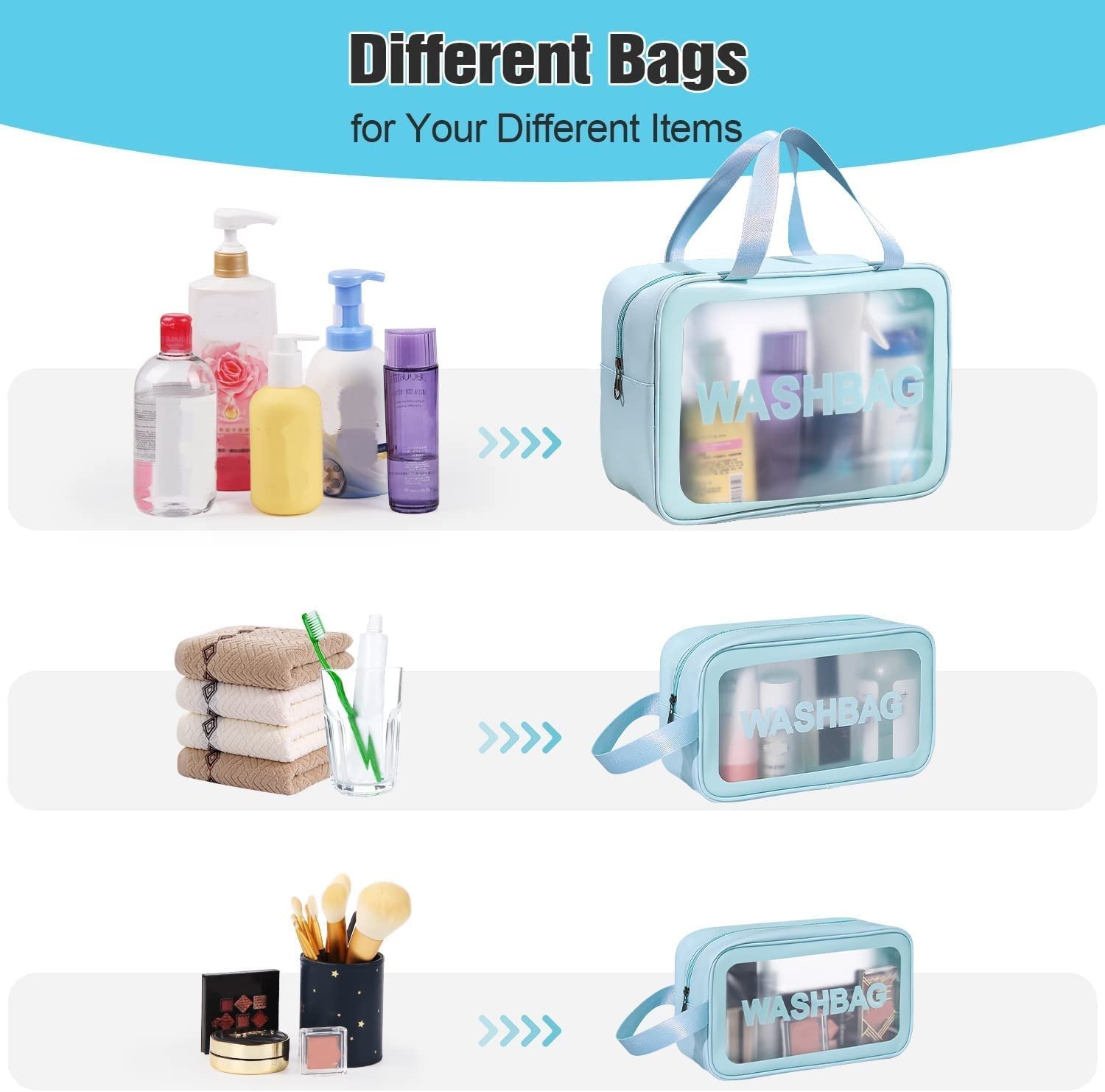 QBLYN 3-Piece Waterproof Makeup Organizer Set | Travel Toiletry Bag for Women | Cosmetic Storage Pouch for Bathroom & Vanity | Perfect for Home, Gym, Vacation & Business Trips (Blue)