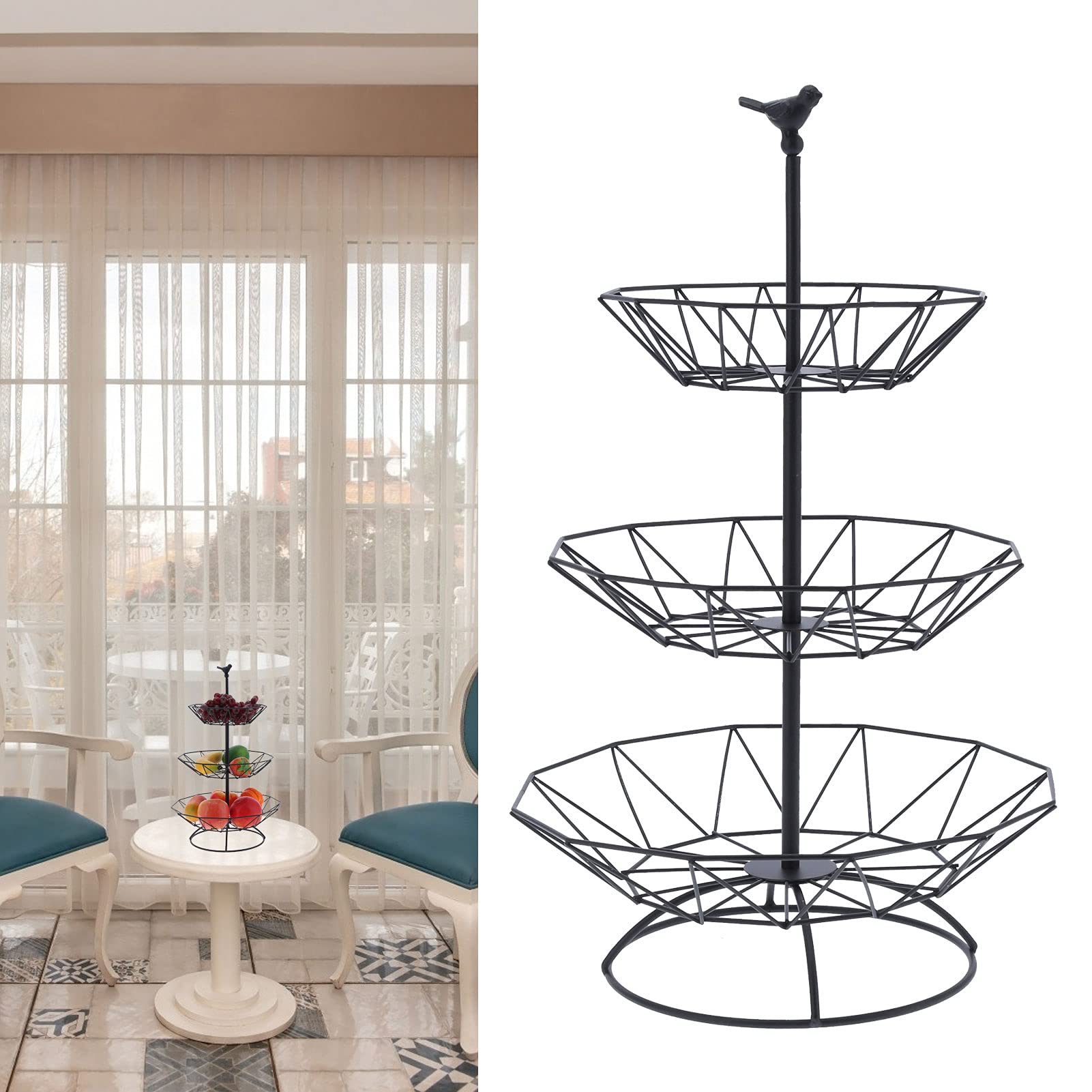 Estink 3-Tier Wrought Iron Fruit Basket - Rustic Metal Snack Holder for Kitchen, Dining Room & Buffet Display | Perfect for Organizing Fruits, Bread, Pastries & Party Appetizers (Black/White Options)