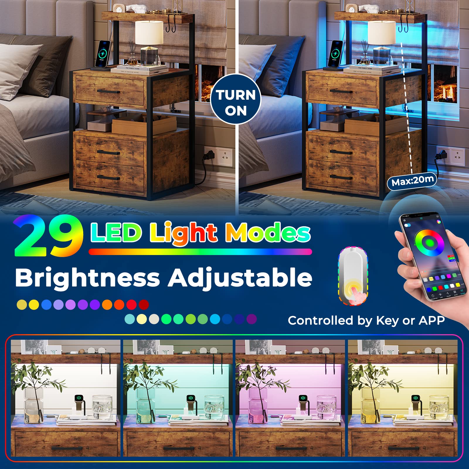 AOGLLATI Nightstand Set of 2 with USB Charging Station & LED Lights, 3-Drawer Bedside Table with Open Shelves, 2 USB Ports & 2 AC Outlets - Rustic Brown Modern Bedside Storage for Bedroom, Living Room & Office Use