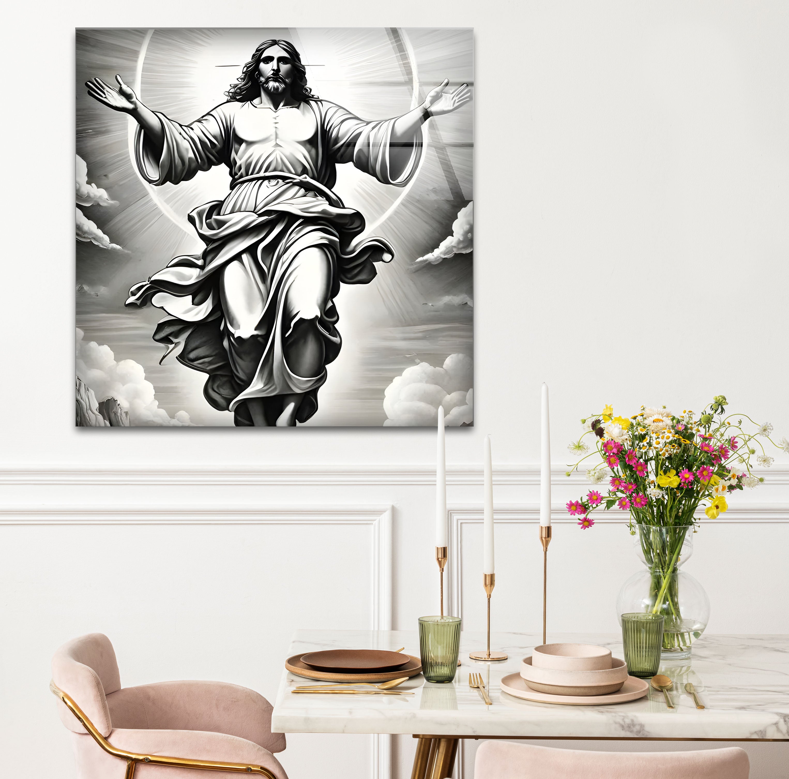 Black and White Jesus Christ Glass Wall Art - Religious Home Decor for Living Room, Bedroom & Church
