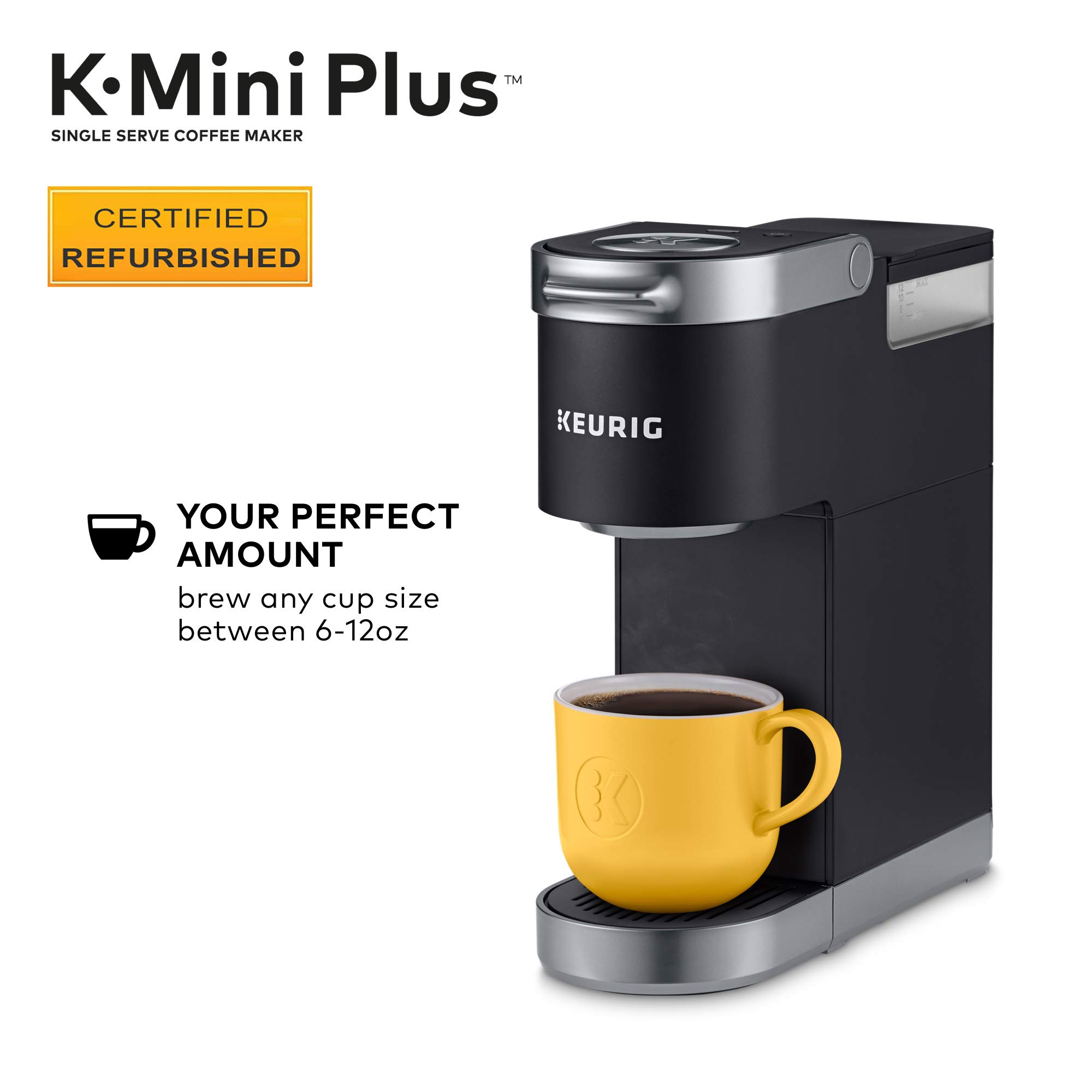 Certified Refurbished Keurig K-Mini Plus Single Serve Coffee Maker - Black (Renewed) | Compact Design for Home, Office & Dorm Use | Fast Brewing with No Water Reservoir
