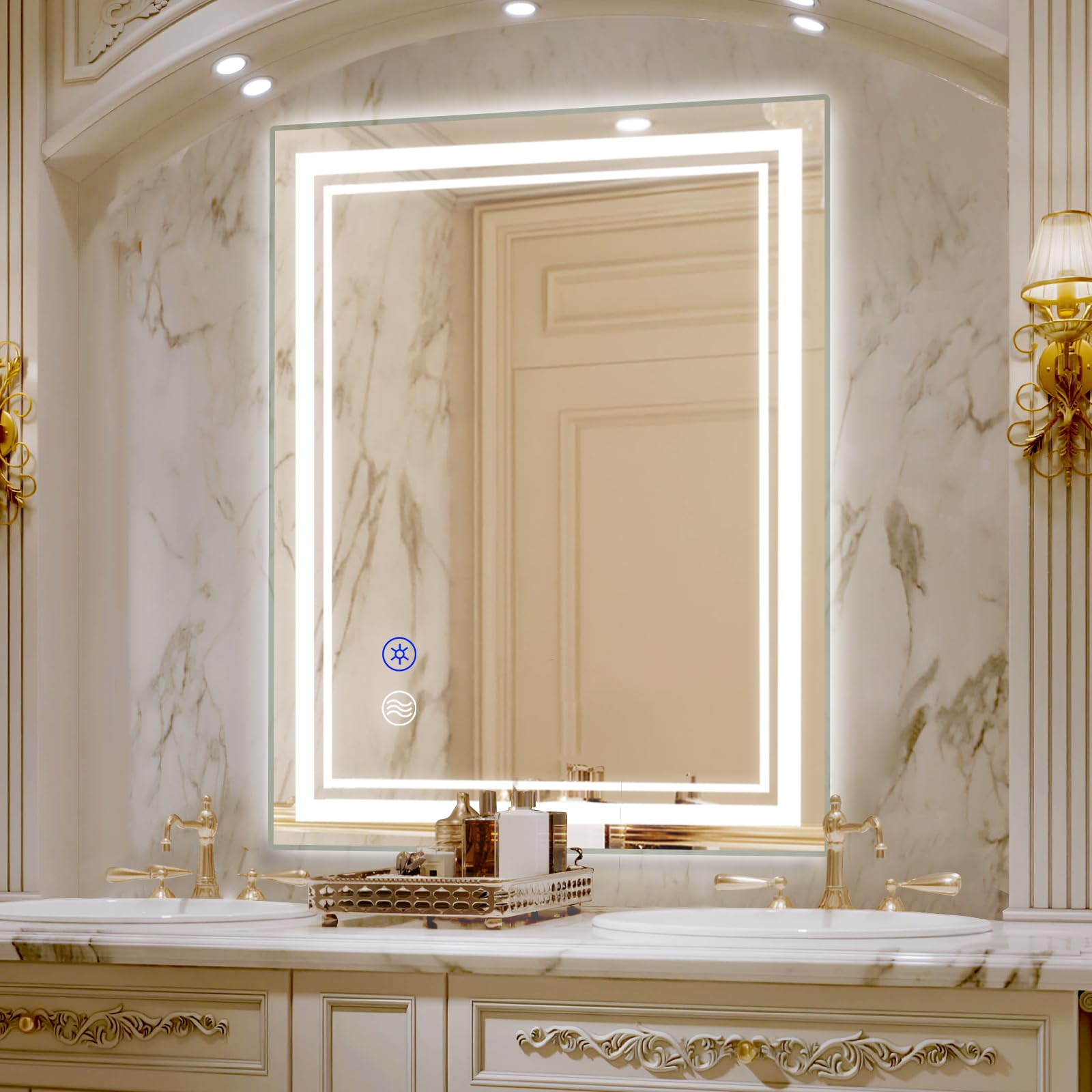 SaniteModar 32 x 24 Inch LED Bathroom Mirror with Lights - Dimmable 3-Color Lighting, Anti-Fog, Wall Mounted Vanity Mirror (Horizontal/Vertical Touch Control) for Modern Bathrooms & Makeup Areas