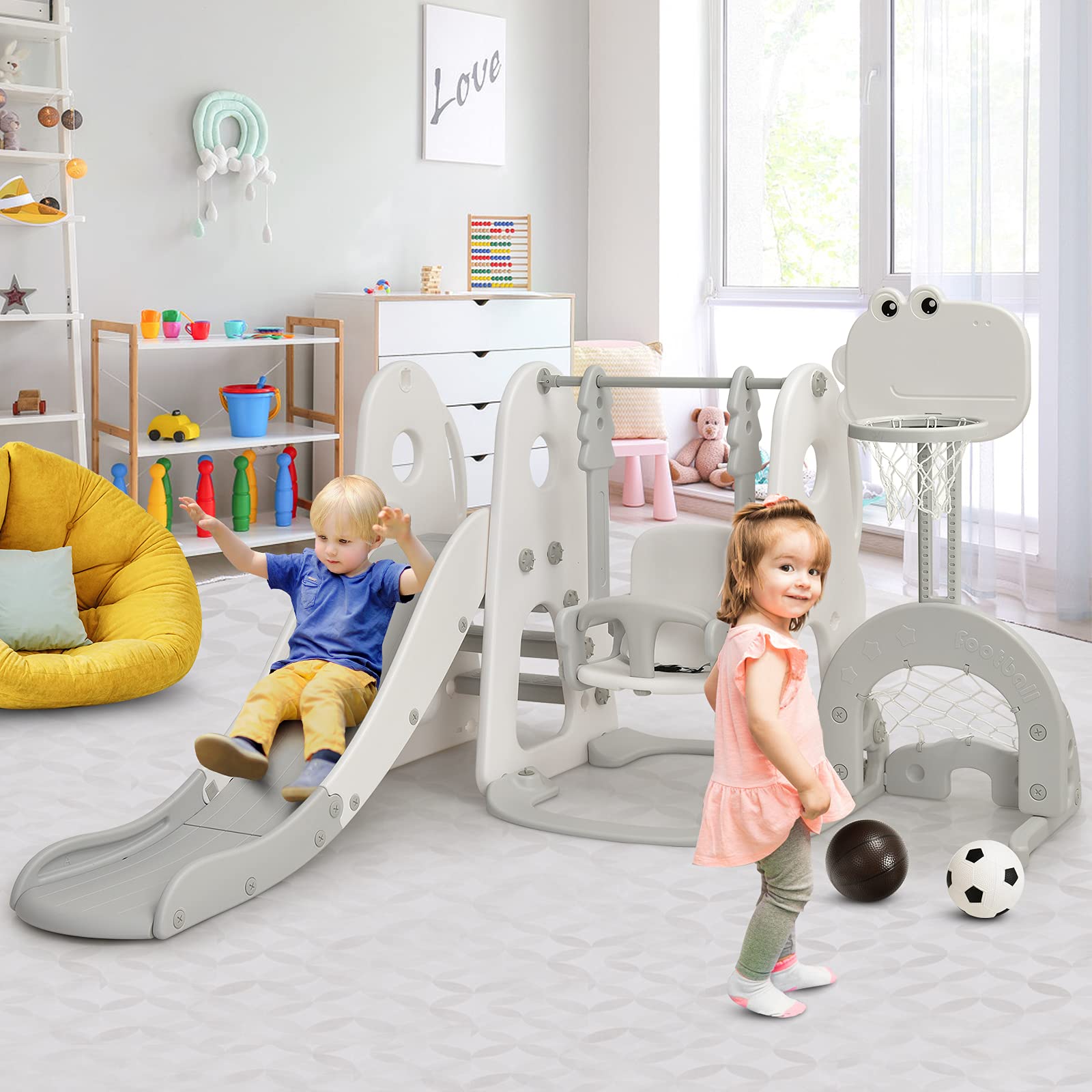 **Costzon 6-in-1 Toddler Slide & Swing Set – Large Kids Climber Playset with Basketball Hoop, Soccer Goal & Golf Hole – Indoor & Outdoor Backyard Playground for Ages 2-12 – Perfect Birthday & Holiday Gift**    *(Great for Backyards, Parks, Daycares & Playrooms – Encourages Active Play & Motor Skills Development!)*