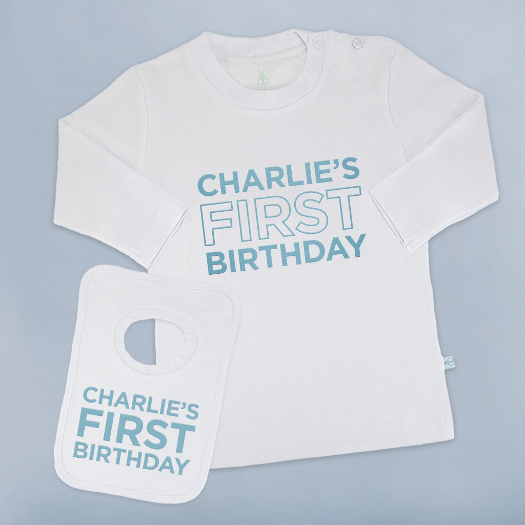 Personalized My First Birthday Long Sleeve T-Shirt and Bib Set - Baby Boy/Girl Gift for 1st Birthday Party, Photo Shoot & Milestone Celebration