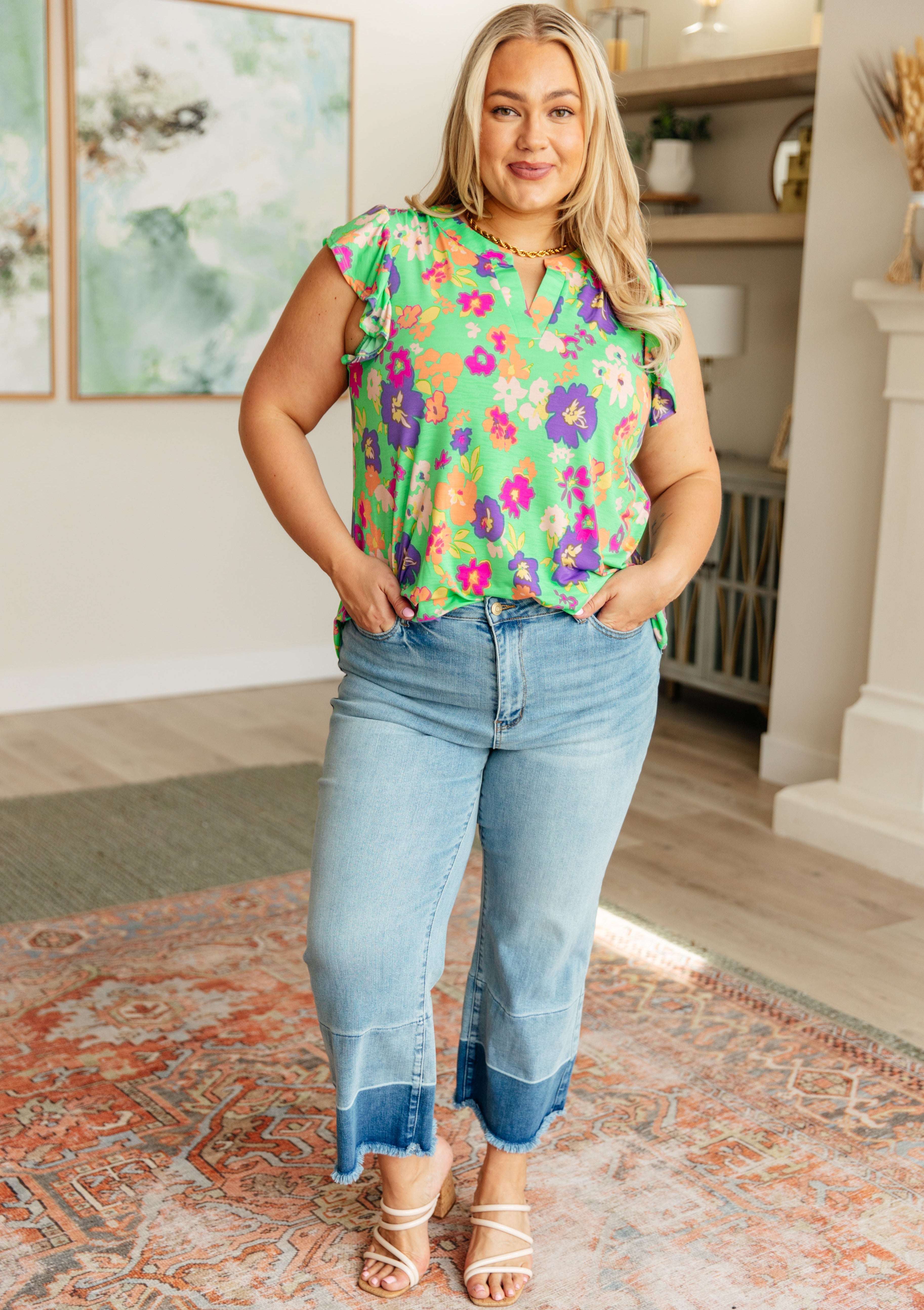 Lizzy Flutter Sleeve Top - Women's Floral Print Blouse in Emerald Green & Purple | Casual Summer Tops for Outfits, Dates & Beach Wear