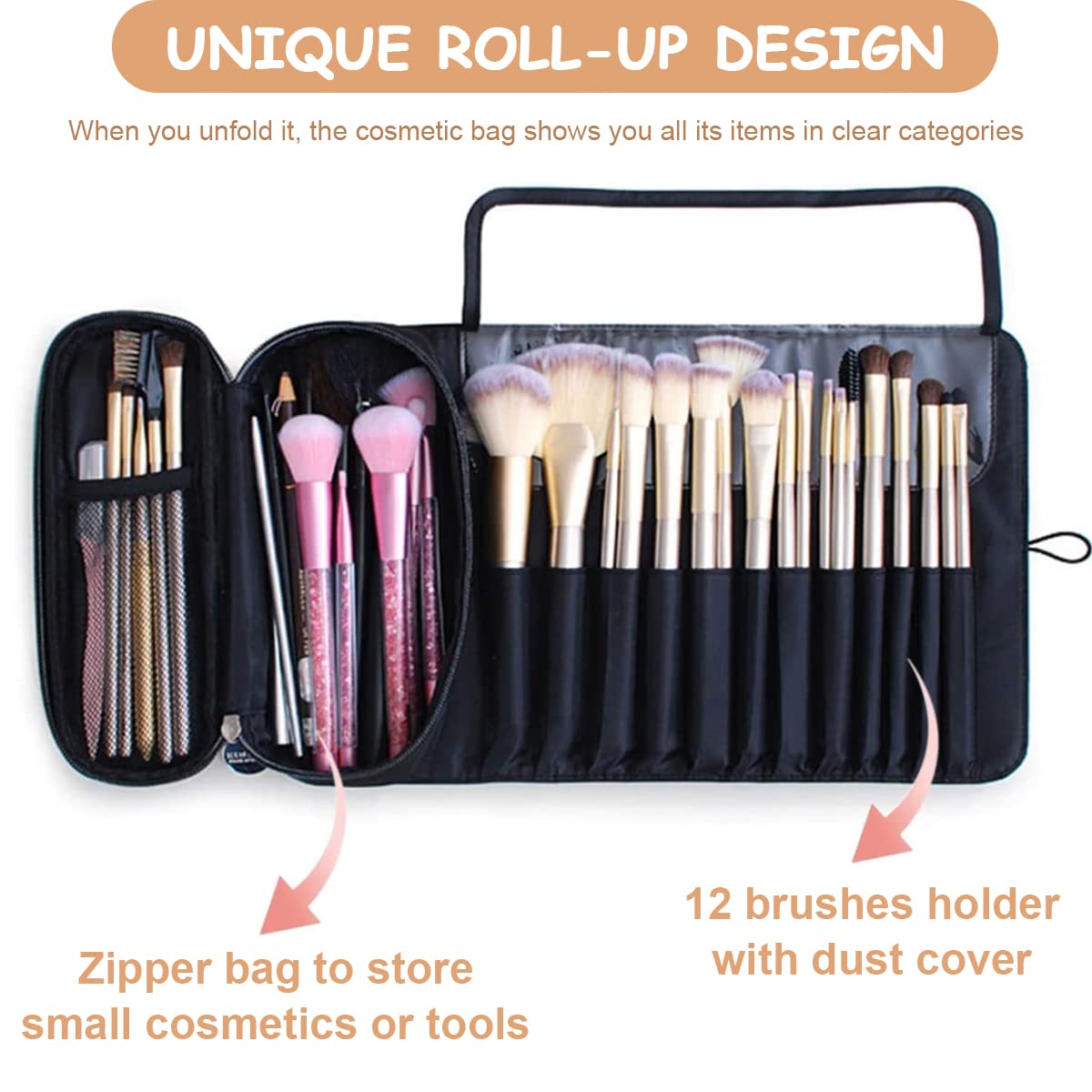MAYCREATE Travel Makeup Brush Organizer - Waterproof Cosmetic Brush Roll with 12 Brush Sleeves, Zipper Pouch & Mesh Pocket | Dustproof Makeup Bag for Professional Artists & On-the-Go Beauty Essentials | Perfect for Travel, Home Storage & Salon Use