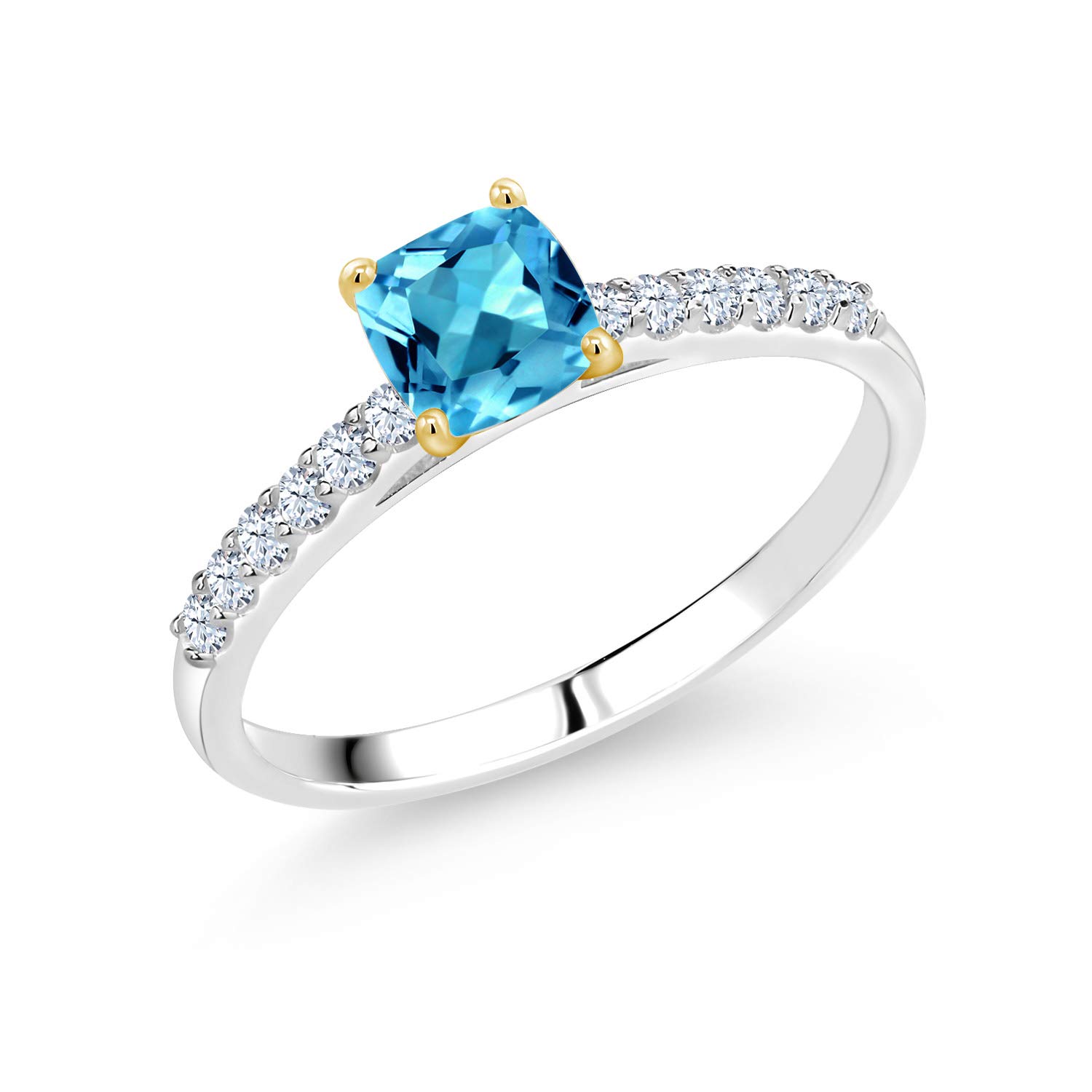 0.83 Ct Swiss Blue Topaz & White Created Sapphire 10K White Gold Ring with Yellow Gold Prongs - Elegant Birthstone Jewelry for Women, Perfect for Anniversary, Engagement & Special Occasion Gifts