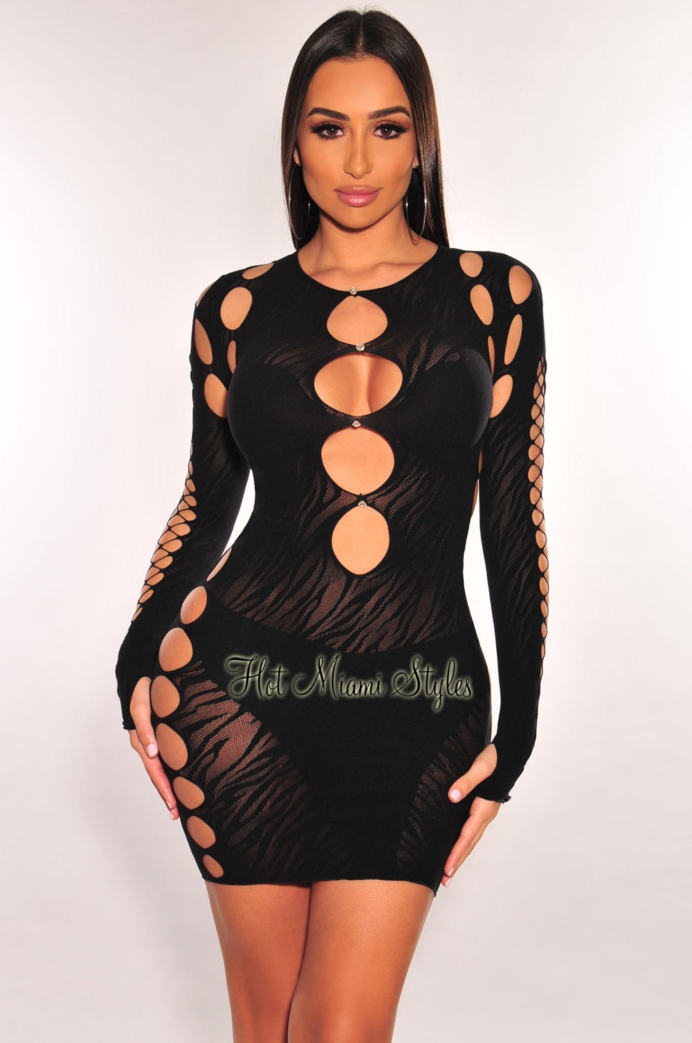 Elegant Black Rhinestone Cut-Out Long Sleeve Seamless Bodycon Dress for Evening Party, Clubwear & Special Occasions
