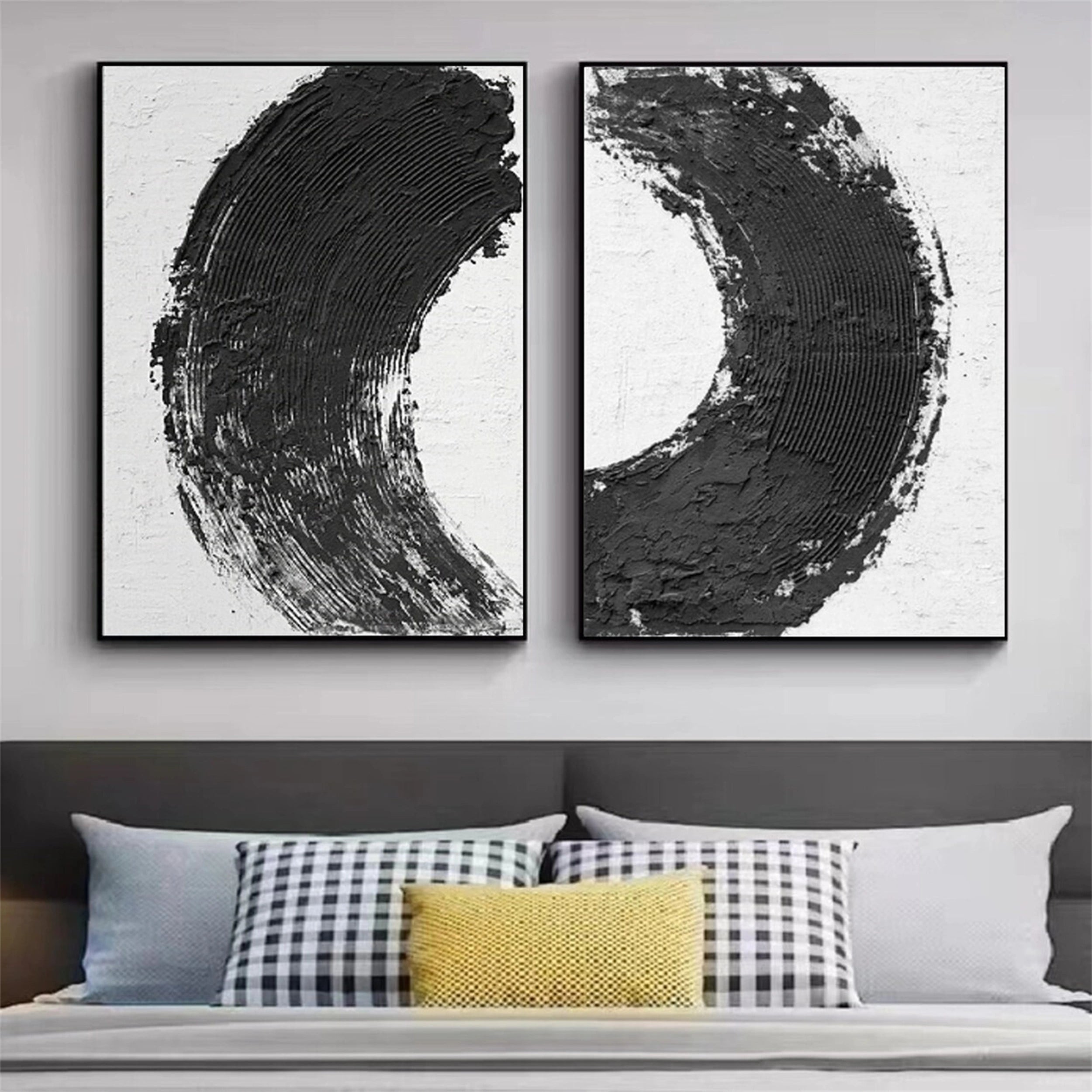 Modern Black and White Textured Minimalist Wall Art Set of 2 - Abstract Canvas Paintings for Living Room, Bedroom & Office Decor | #MZ070