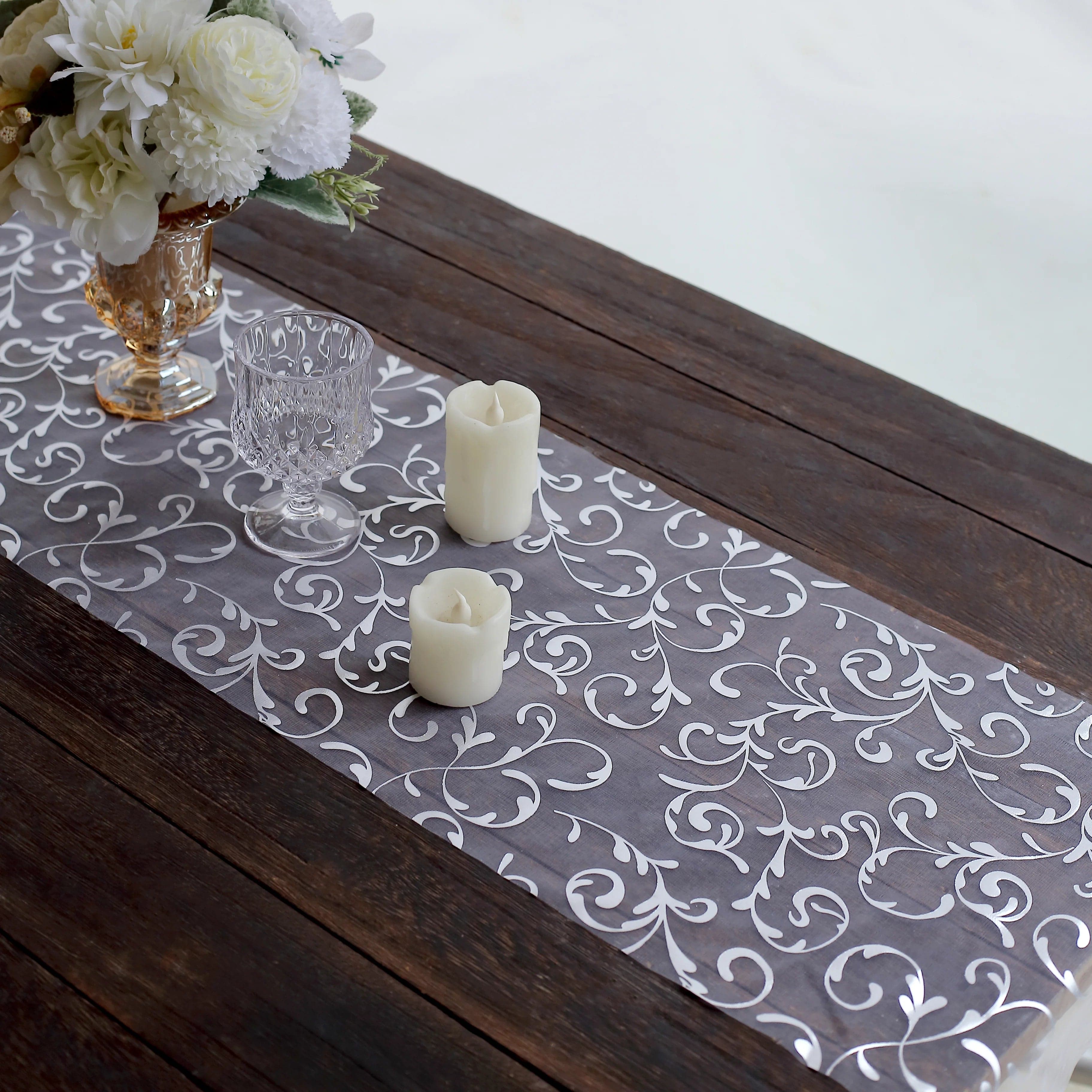 12-Pack 108-Inch Sheer Organza Table Runners with Embossed Floral Pattern - Elegant Wedding, Party & Banquet Decorations for Dining Tables