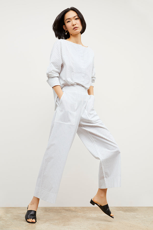 Madelyn Poplin Stripe Pants for Women - Blue & Ivory Casual Summer Trousers - Perfect for Office Wear, Weekend Outings & Beach Vacations