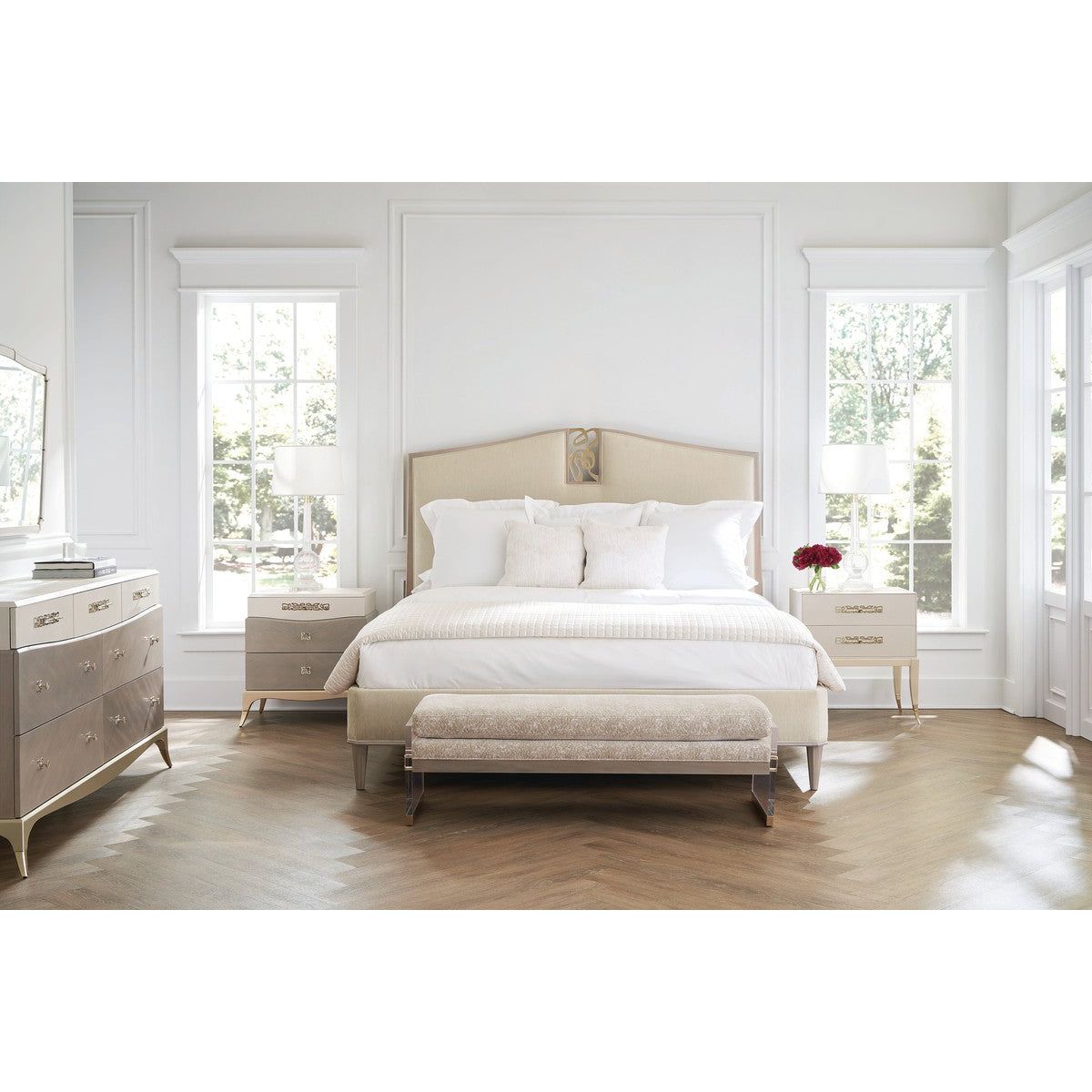 Anthem Upholstered Queen Size Bed Frame - Brown, Gold & Beige Luxury Bedroom Furniture for Master Bedroom Decor