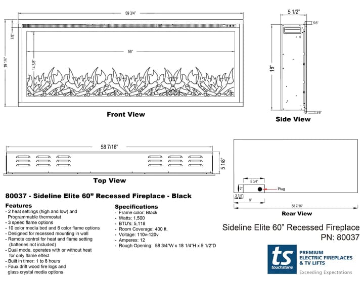 Sideline Elite 60 Inch Smart Electric Fireplace with Encase Surround Mantel - Modern Indoor Heating Solution for Living Room, Bedroom & Office - WiFi & Remote Control