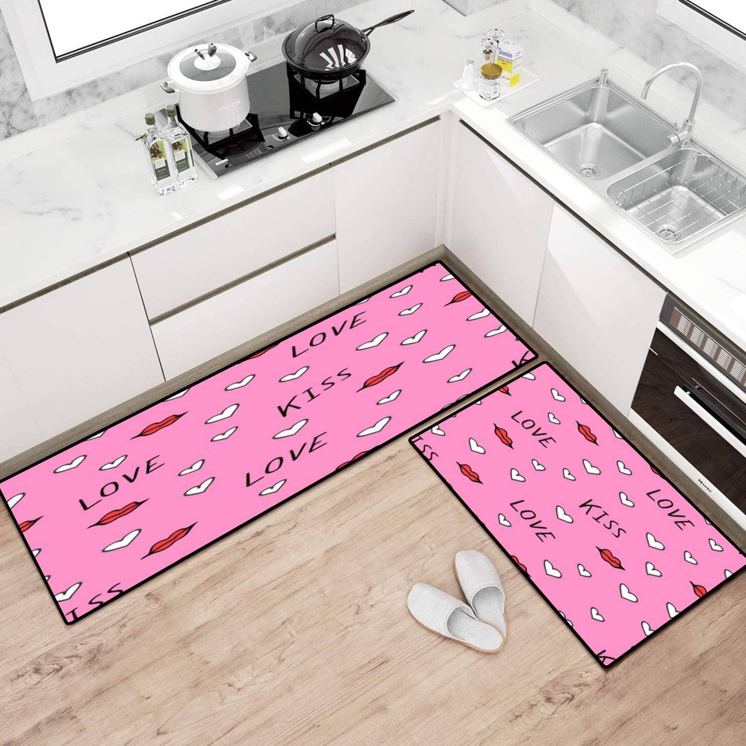 Cute Non-Slip Kitchen Rugs Set - Hand Drawn Doodle Design Pink Floor Mat, Washable Kitchen Runner & Bath Rug for Comfortable Standing - Perfect for Home, Apartment Decor and Cozy Kitchen Floor Protection