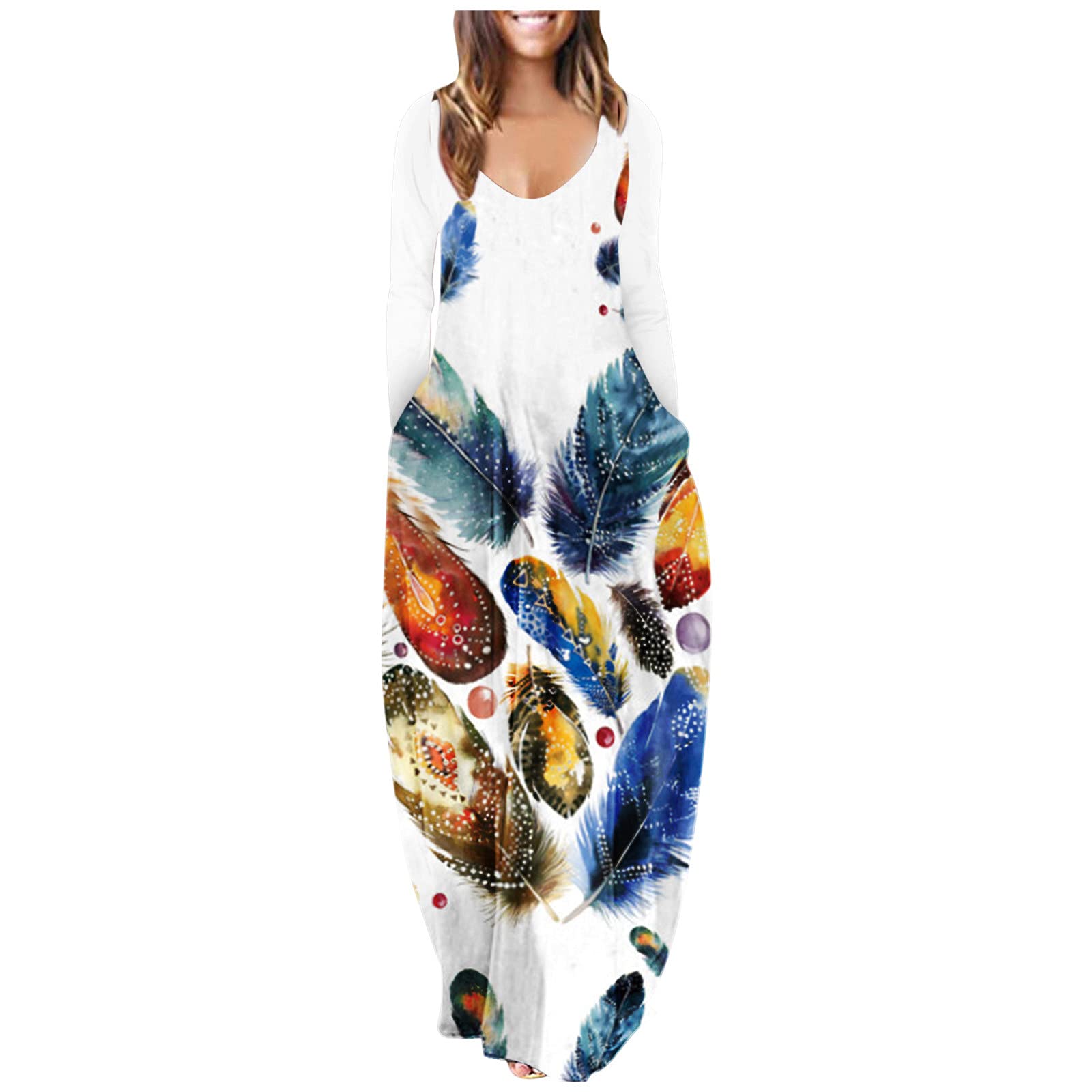 Women's Long Sleeve Maxi Dress - Loose Fit Tie Dye Print Casual Square Neck Dress with Pockets | Boho Chic Beachwear, Summer Vacation Outfit, Party Dress