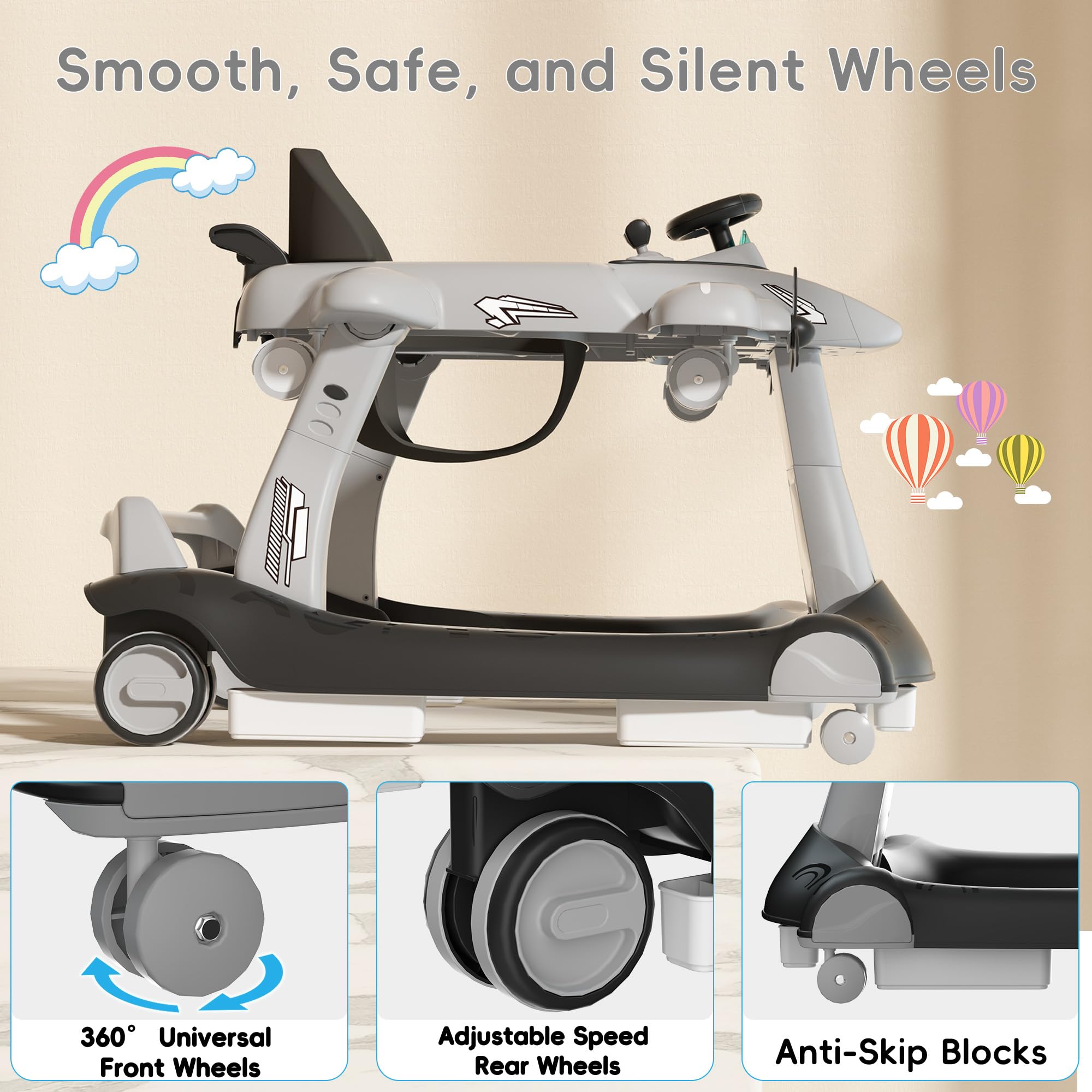 6-in-1 Foldable Baby Walker with Adjustable Height & Speed - Airplane-Themed Activity Push Walker with Music, Lights & Wheels - Anti-Slip Design for Boys & Girls 6-18 Months - Perfect for Learning to Walk, Indoor Play & Developmental Activities