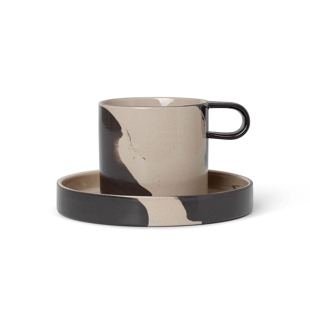 FERM LIVING Inlay Cup with Saucer - Sand Brown Ceramic Coffee Tea Cup Set - Perfect for Home, Office & Cafe Use