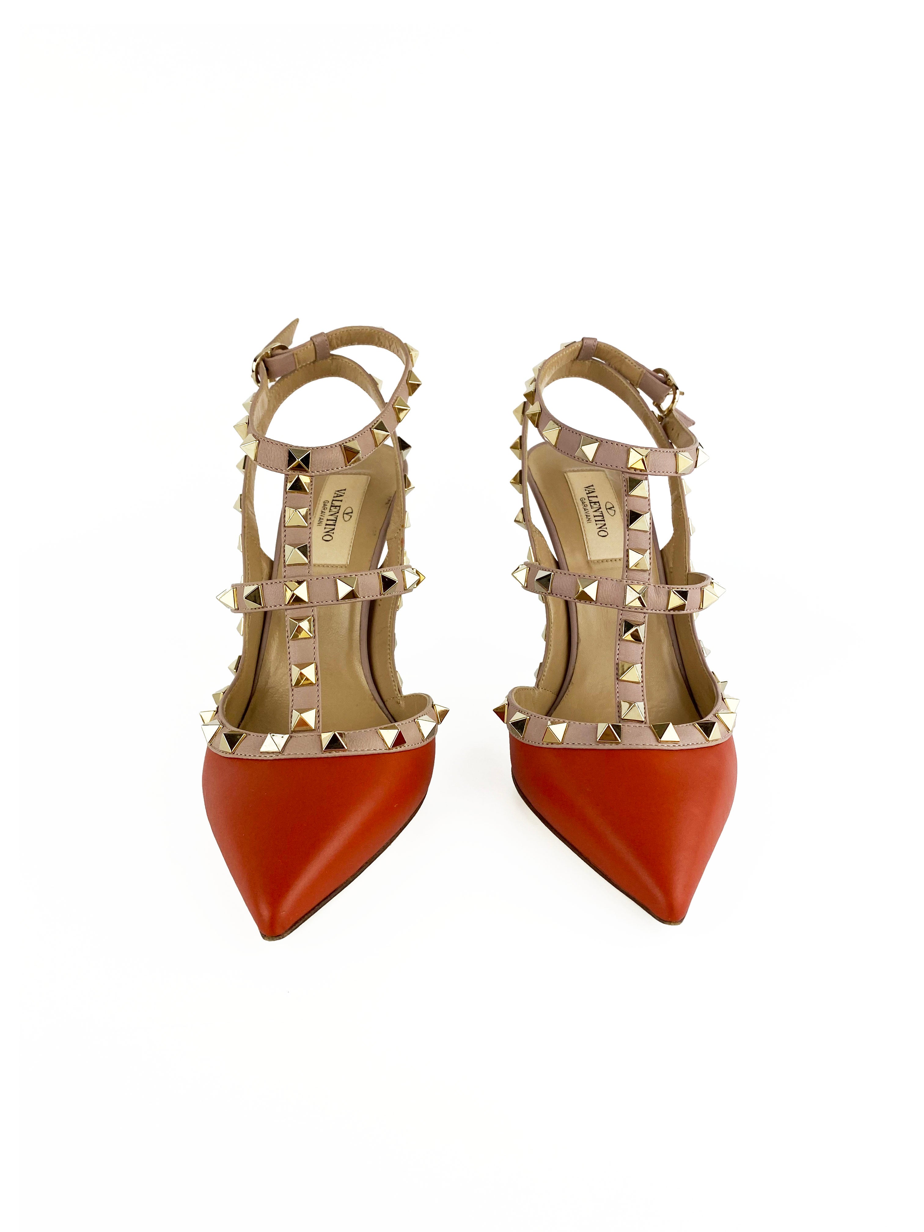 Valentino Rockstud Orange Leather Pumps Size 38 - Women's Luxury High Heels for Parties, Weddings & Special Occasions